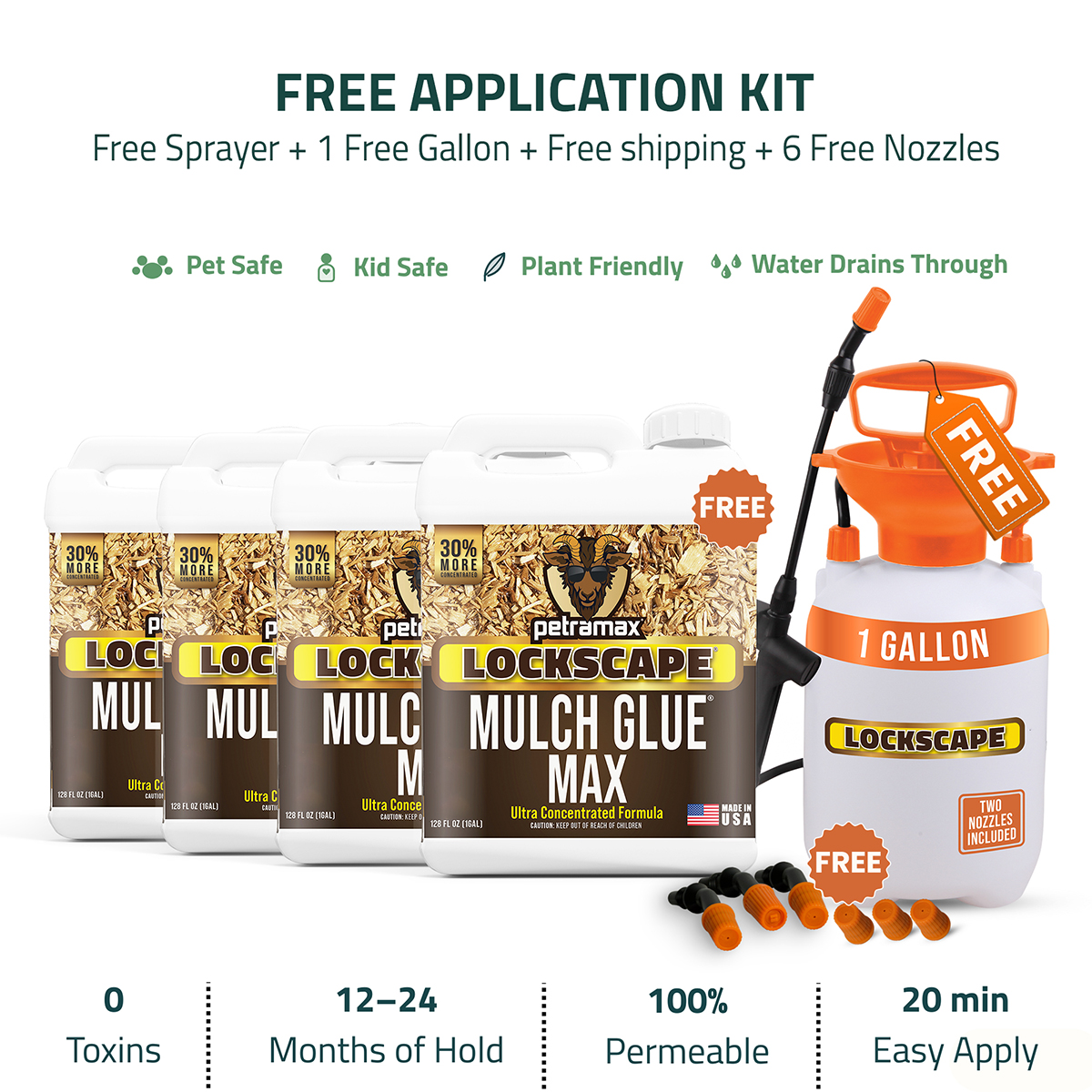 A Lockscape Mulch Glue Max kit with four gallon jugs, a free one-gallon sprayer, and six free nozzles.
