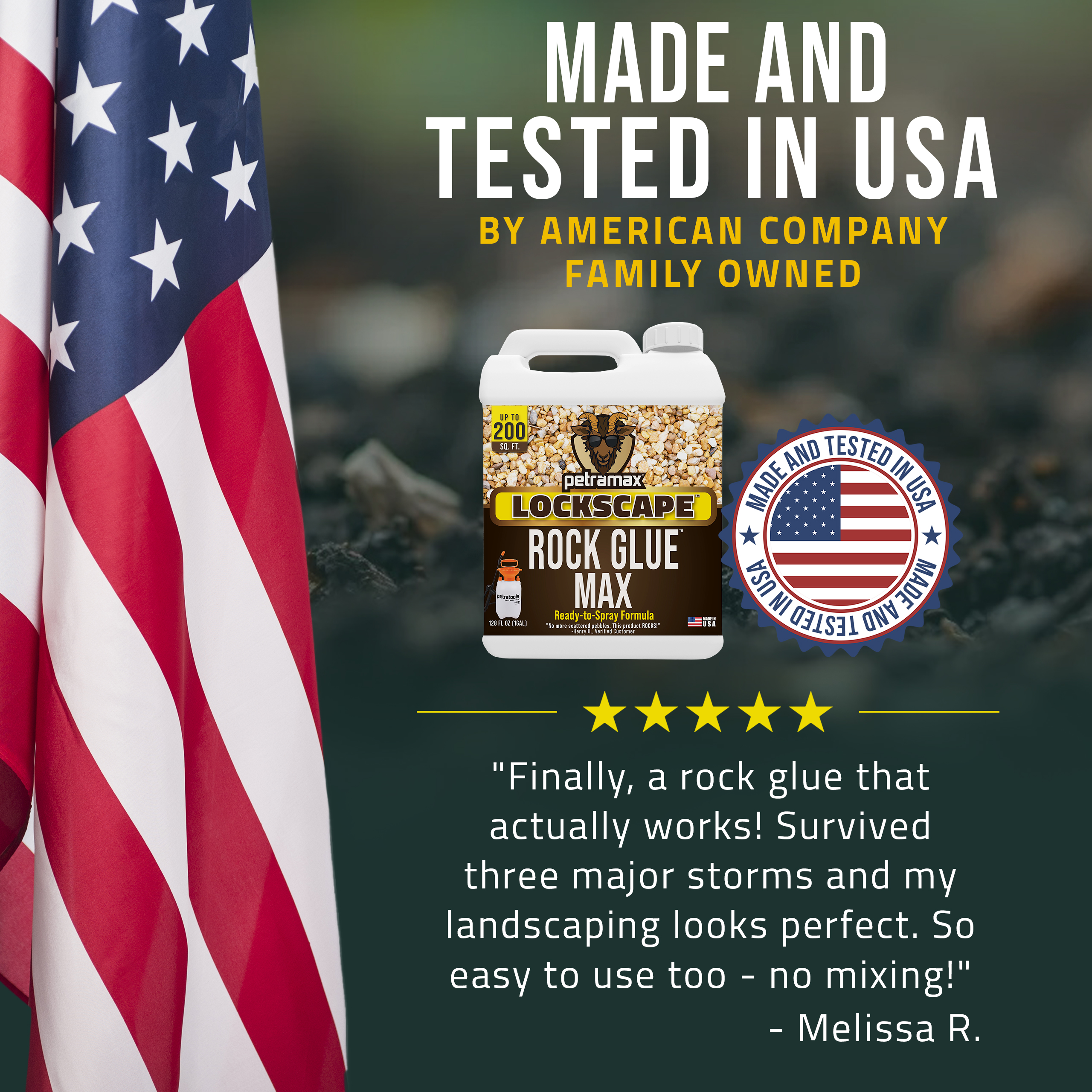 An advertisement for Petramax Rock Glue showing the bottle next to an American flag with a customer review.