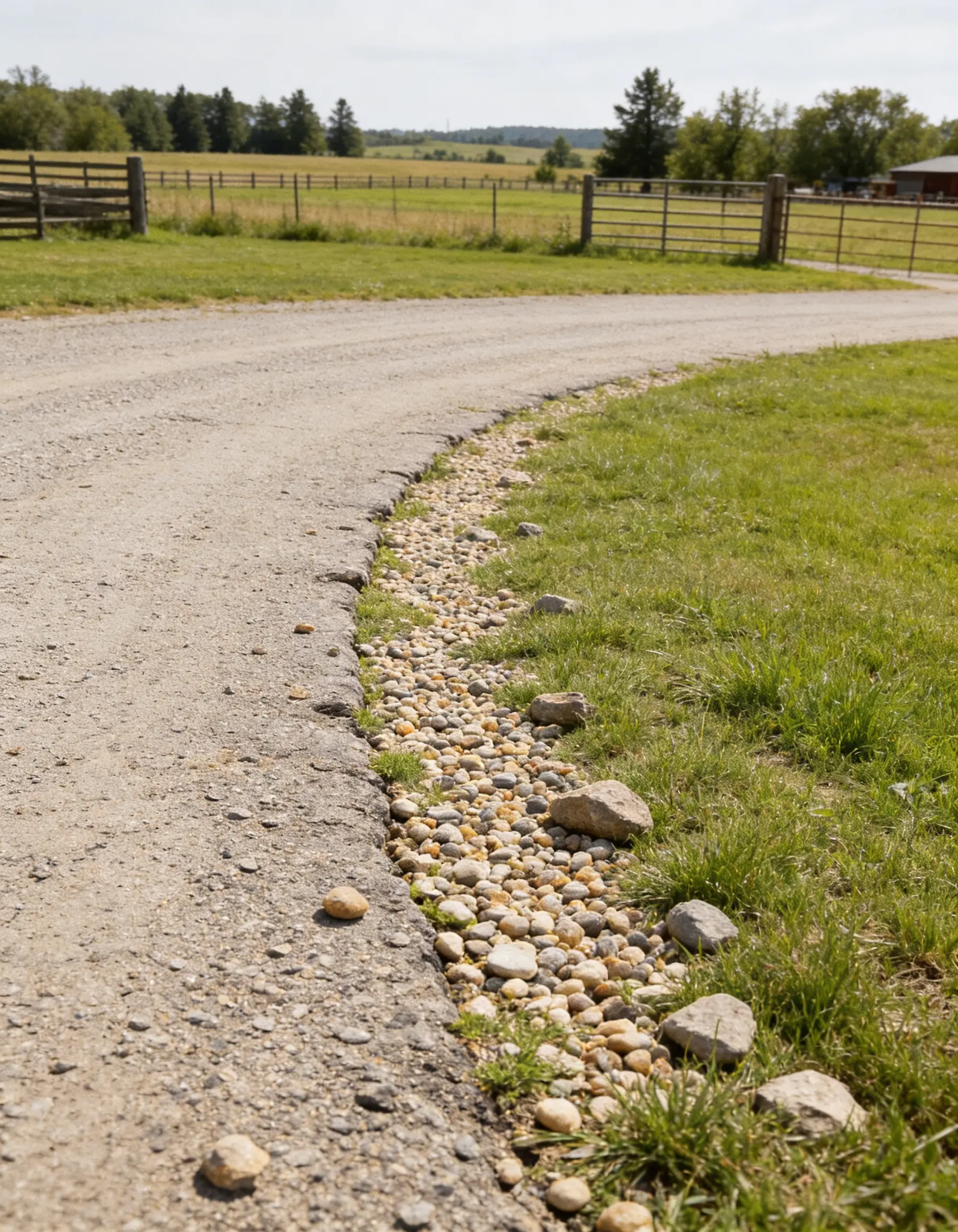 A curving gravel road with a rock-lined edge next to a grassy field with a wooden fence.
