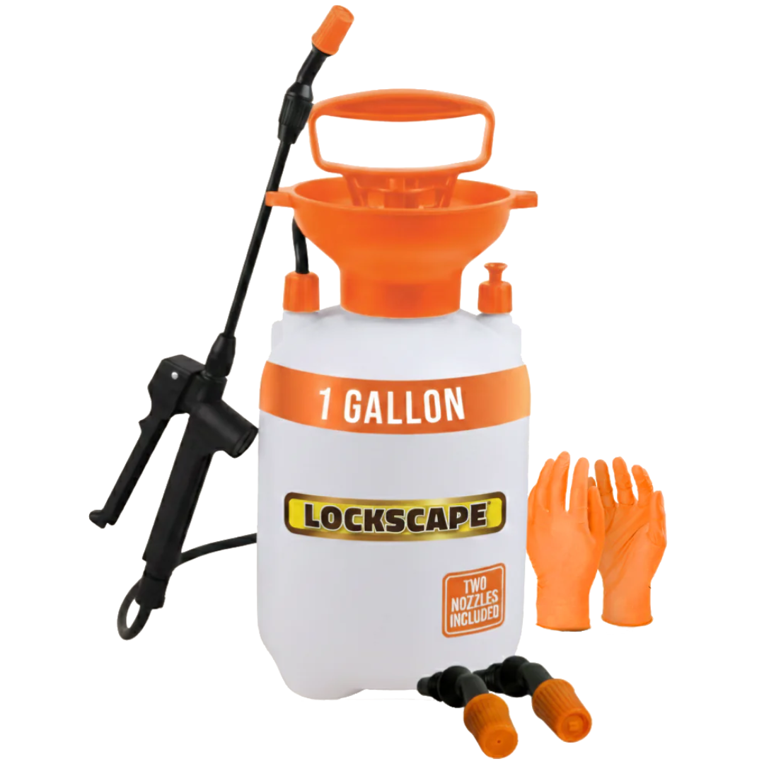 A Lockscape 1-gallon pump sprayer with a wand, extra nozzles, and a pair of orange gloves.