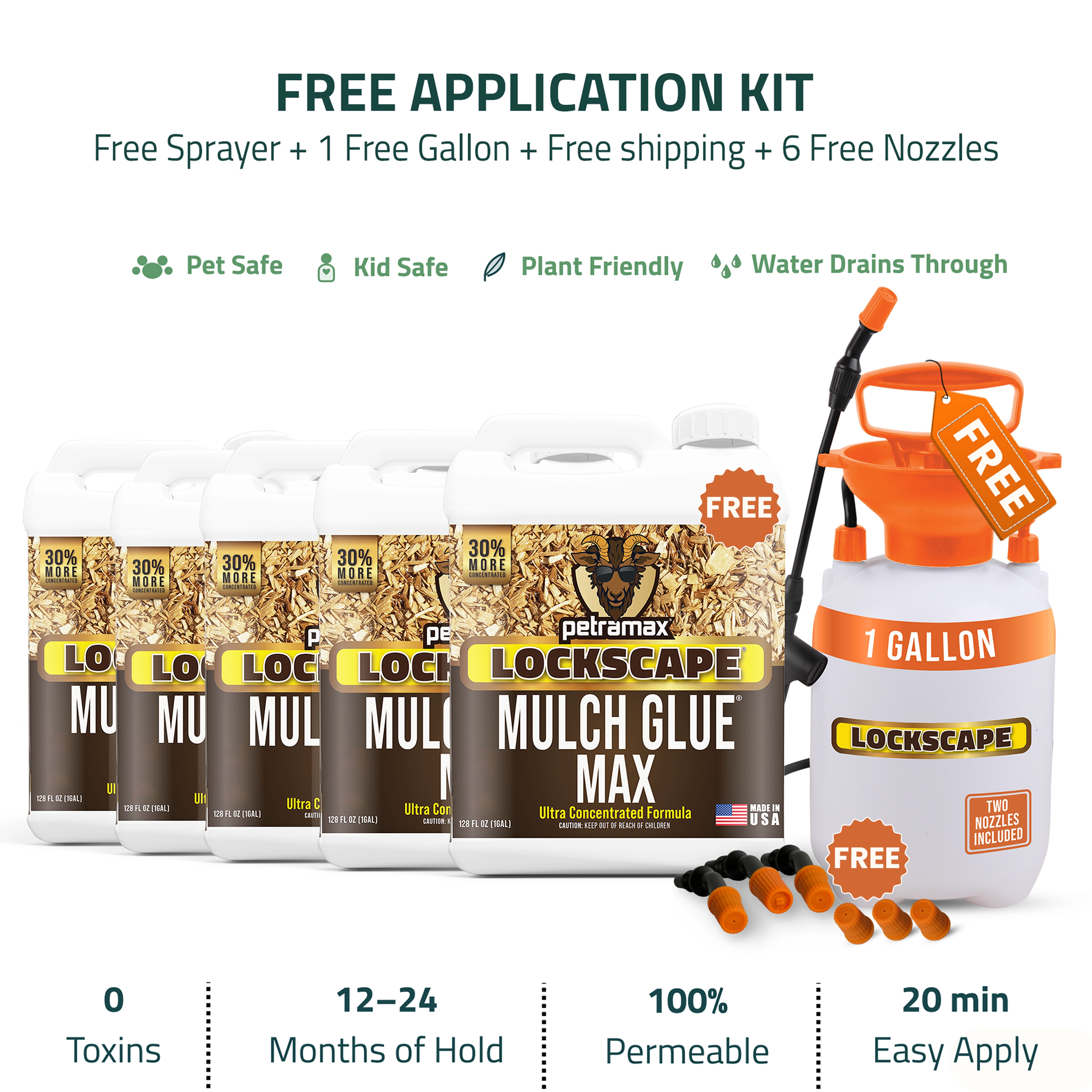 A promotional image for Lockscape Mulch Glue Max, showing multiple jugs, a sprayer, and nozzles.