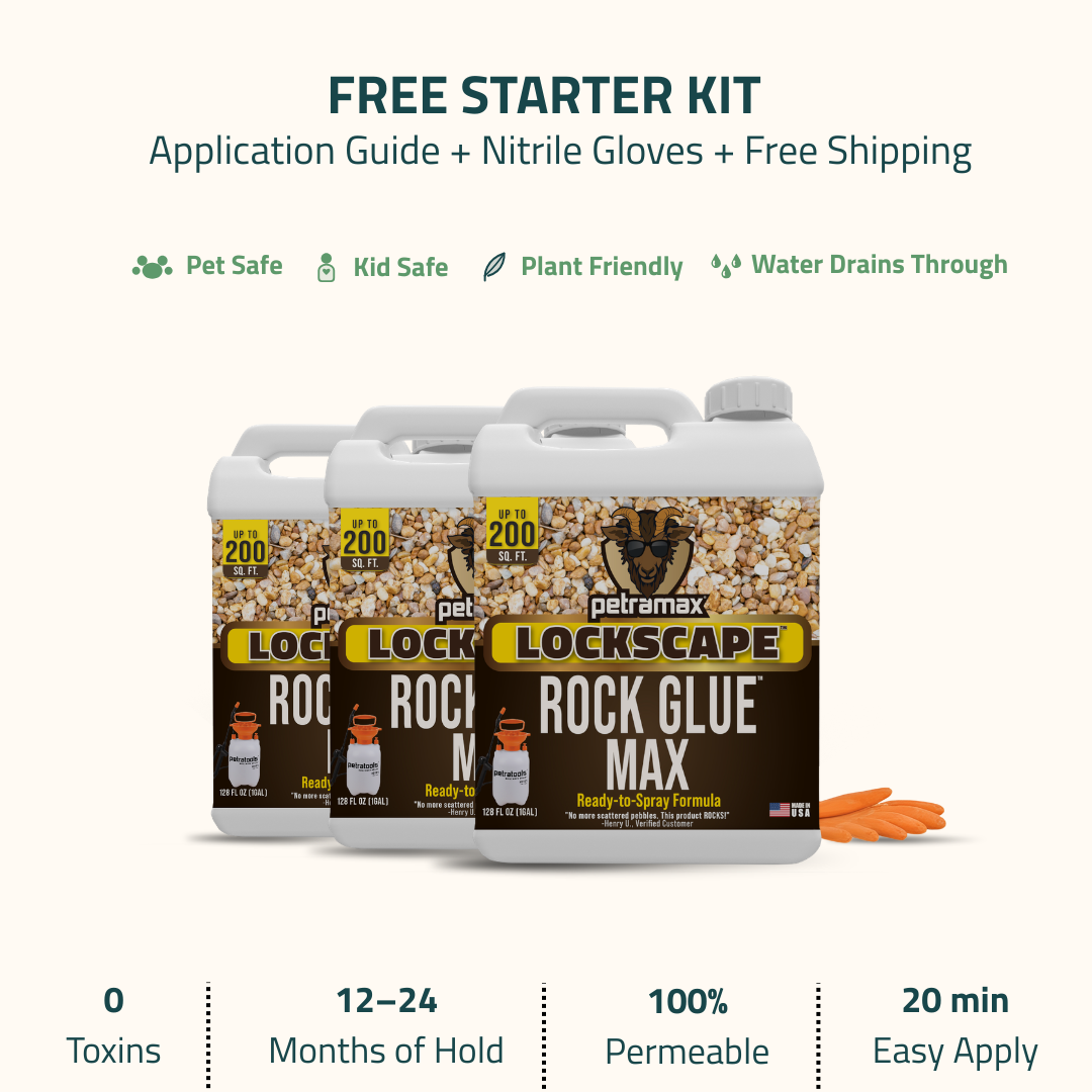 An advertisement for Petramax Lockscape Rock Glue, showing three jugs and listing product benefits and safety features.