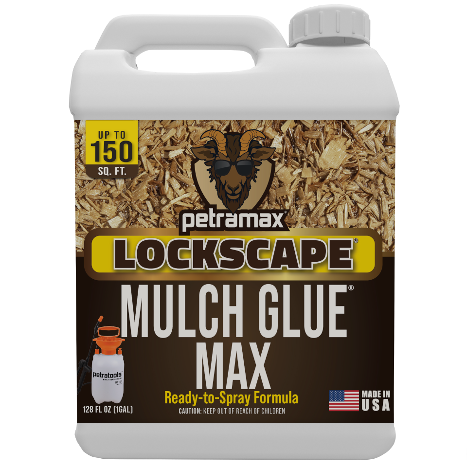 A one-gallon jug of Petramax Lockscape Mulch Glue Max against a white background.