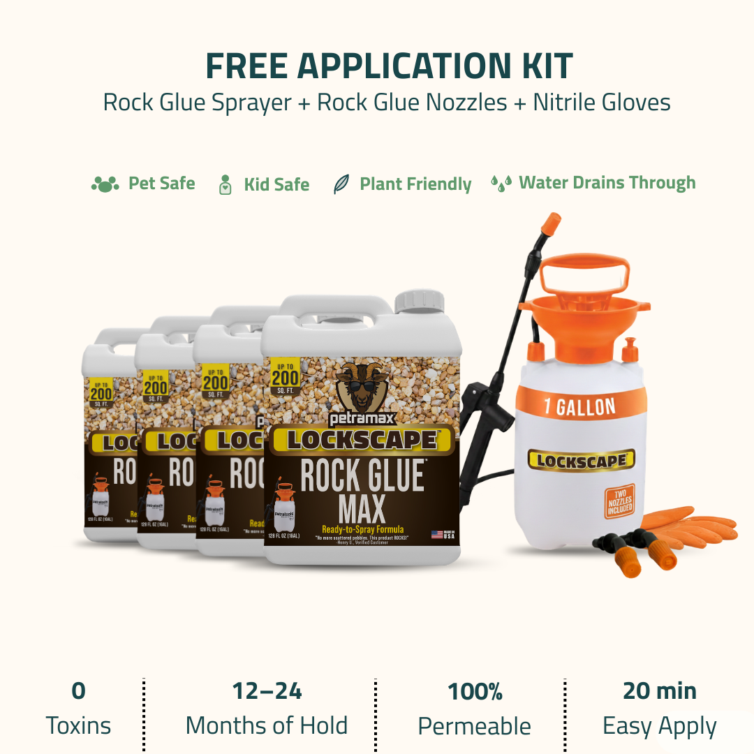 Lockscape Rock Glue Max application kit including jugs of glue, a sprayer, nozzles, and orange gloves.