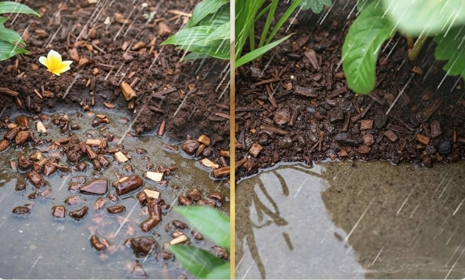 A split-screen comparison of rain falling on mulched soil on the left and a puddle on the right.