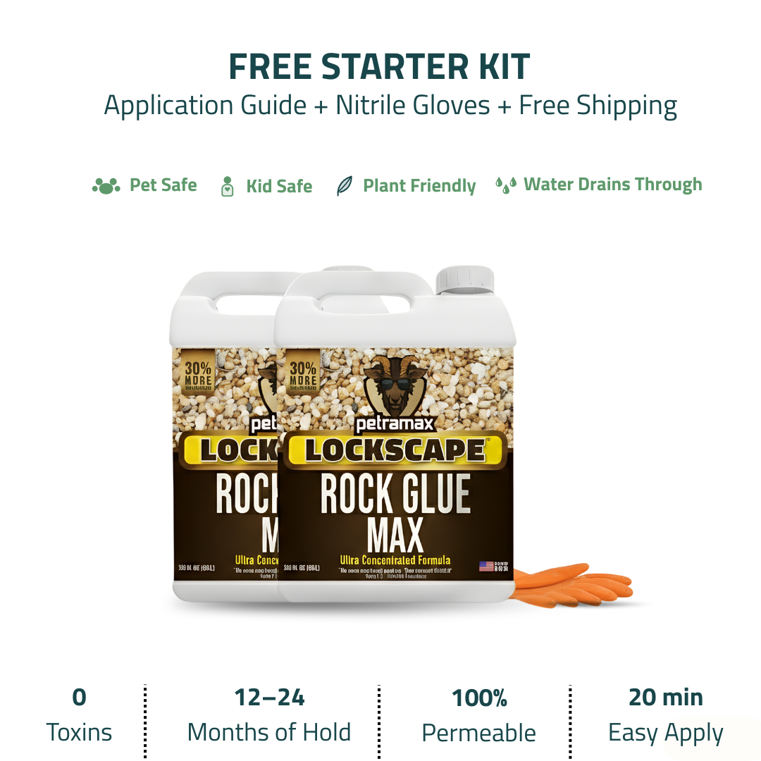Two jugs of Petramax Lockscape Rock Glue Max with a pair of orange gloves and surrounding ad copy.