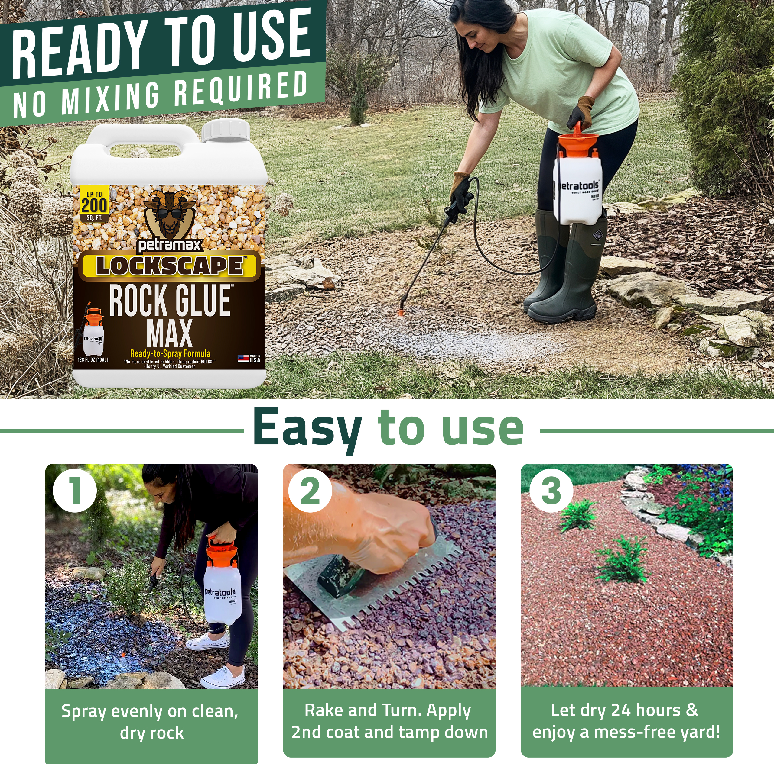 An advertisement for Petramax Lockscape Rock Glue showing a woman applying it and a three-step usage guide.