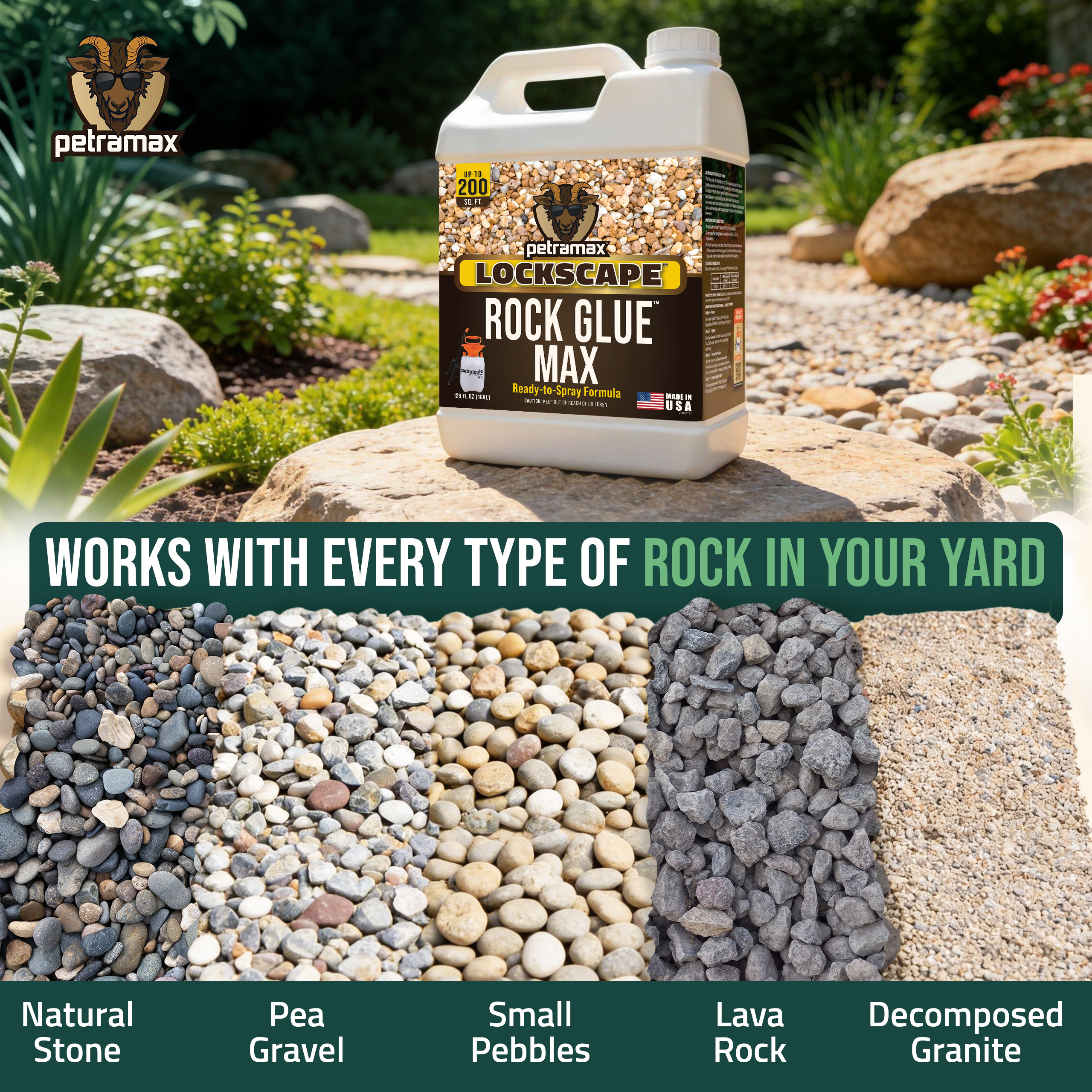 A jug of Petramax Rock Glue Max in a garden, with examples of different rock types it works on.