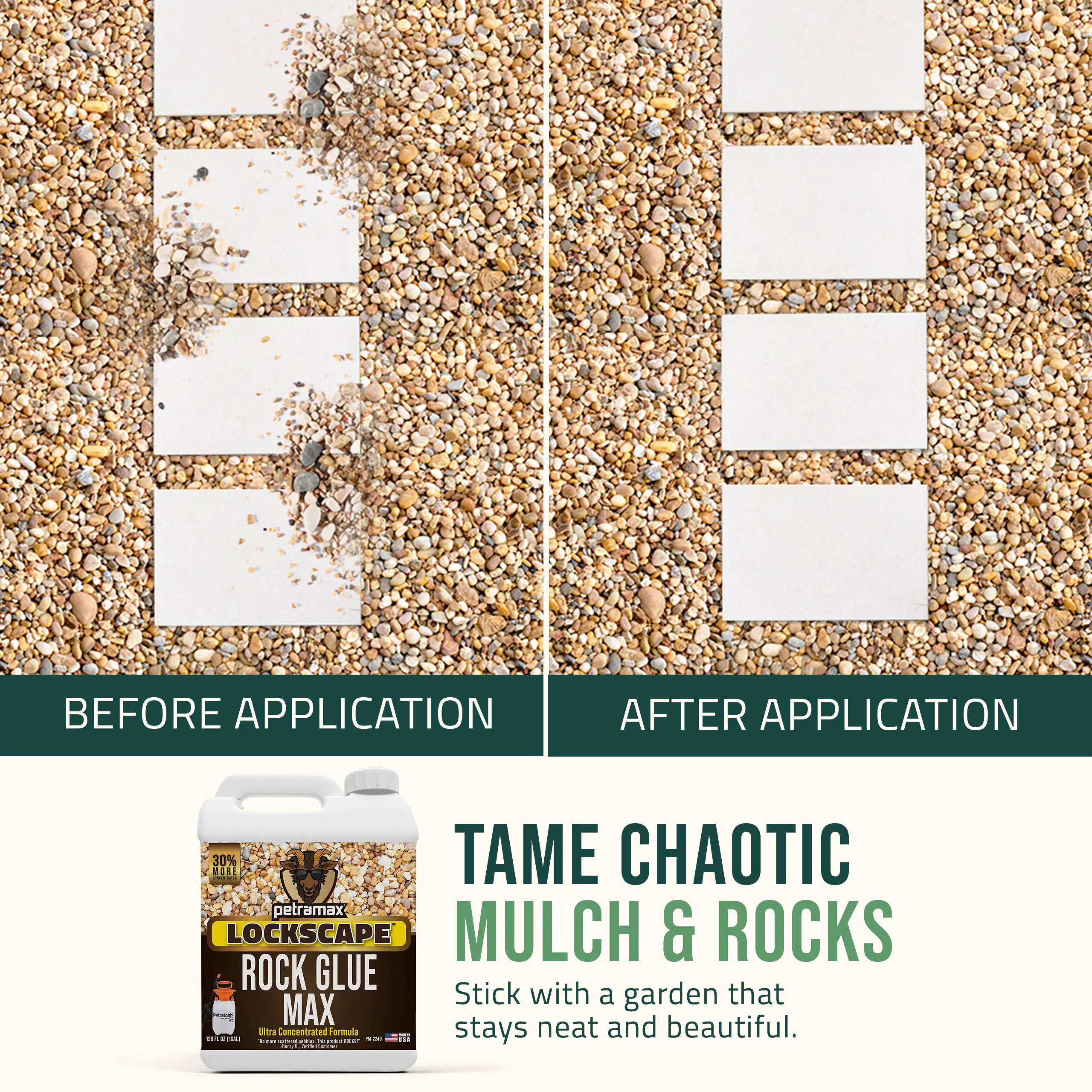 A before and after image showing a messy gravel path made neat by applying rock glue.