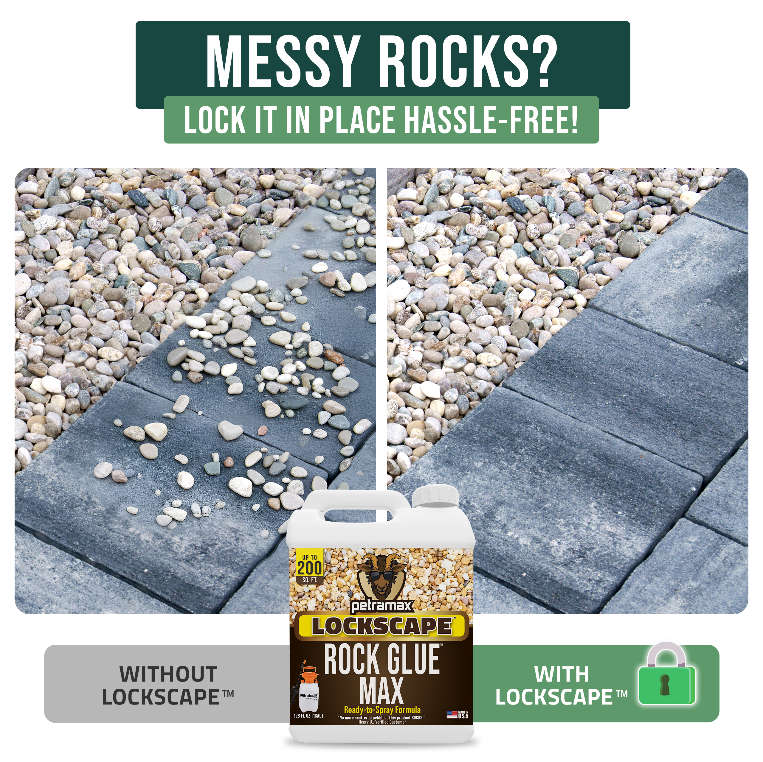 A before-and-after image showing loose rocks on pavers versus rocks held neatly in place with Lockscape Rock Glue.