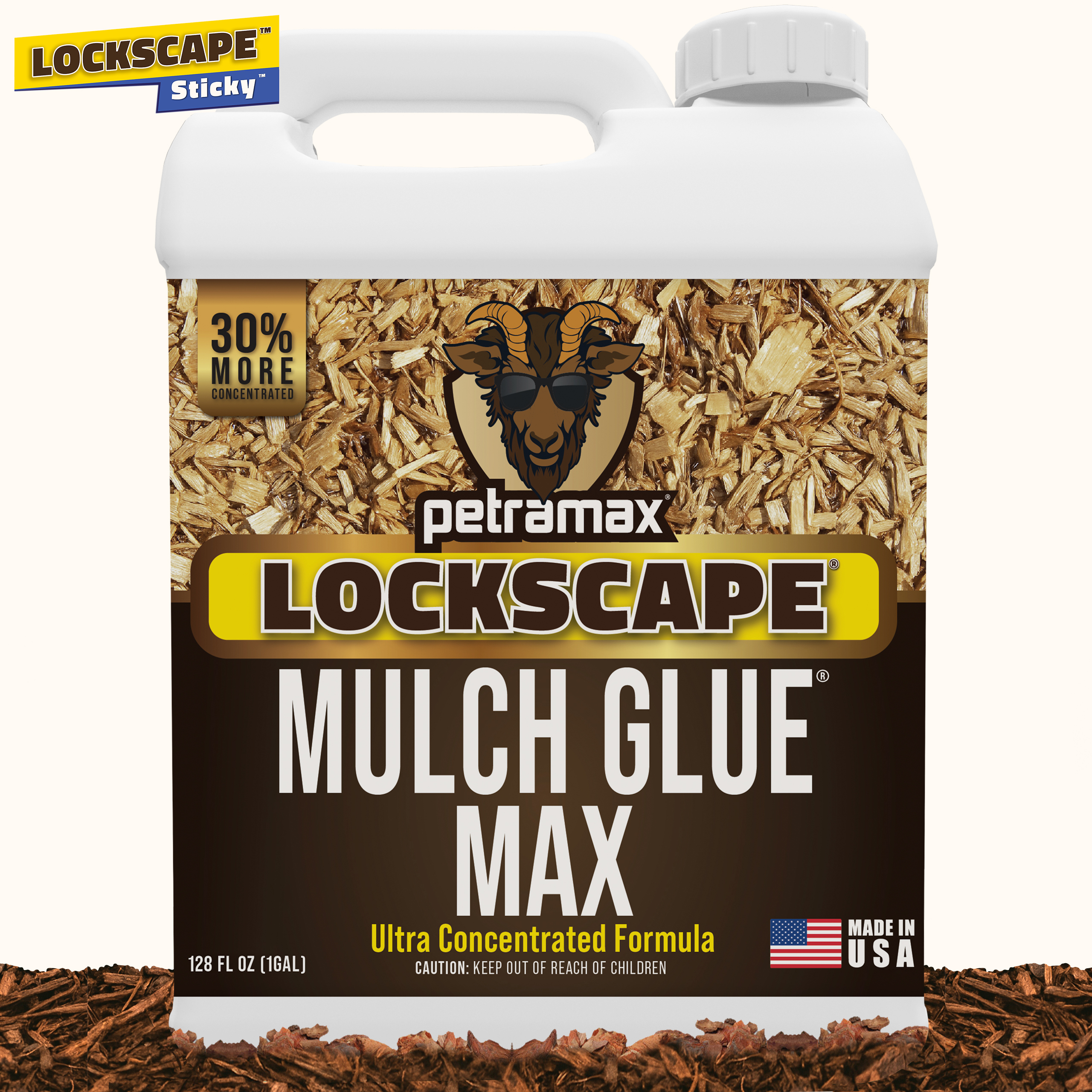A one-gallon jug of Petramax Lockscape Mulch Glue Max sitting on a bed of mulch.