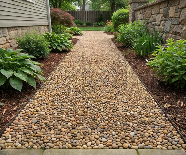 A garden pathway made of smooth river rocks, lined with mulch and green plants next to a house.