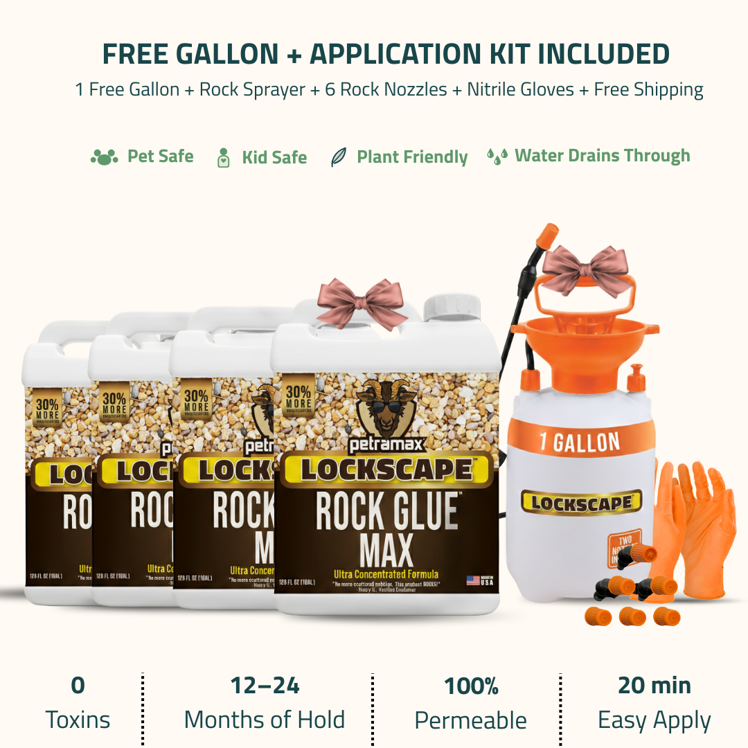 Product shot of four jugs of Petramax Lockscape Rock Glue Max, a sprayer, and orange gloves.