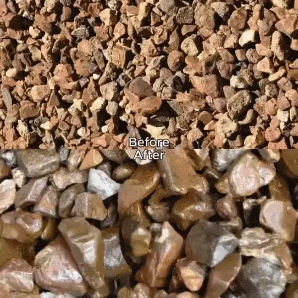 A before and after comparison of dry, dull gravel versus wet, glossy stones.