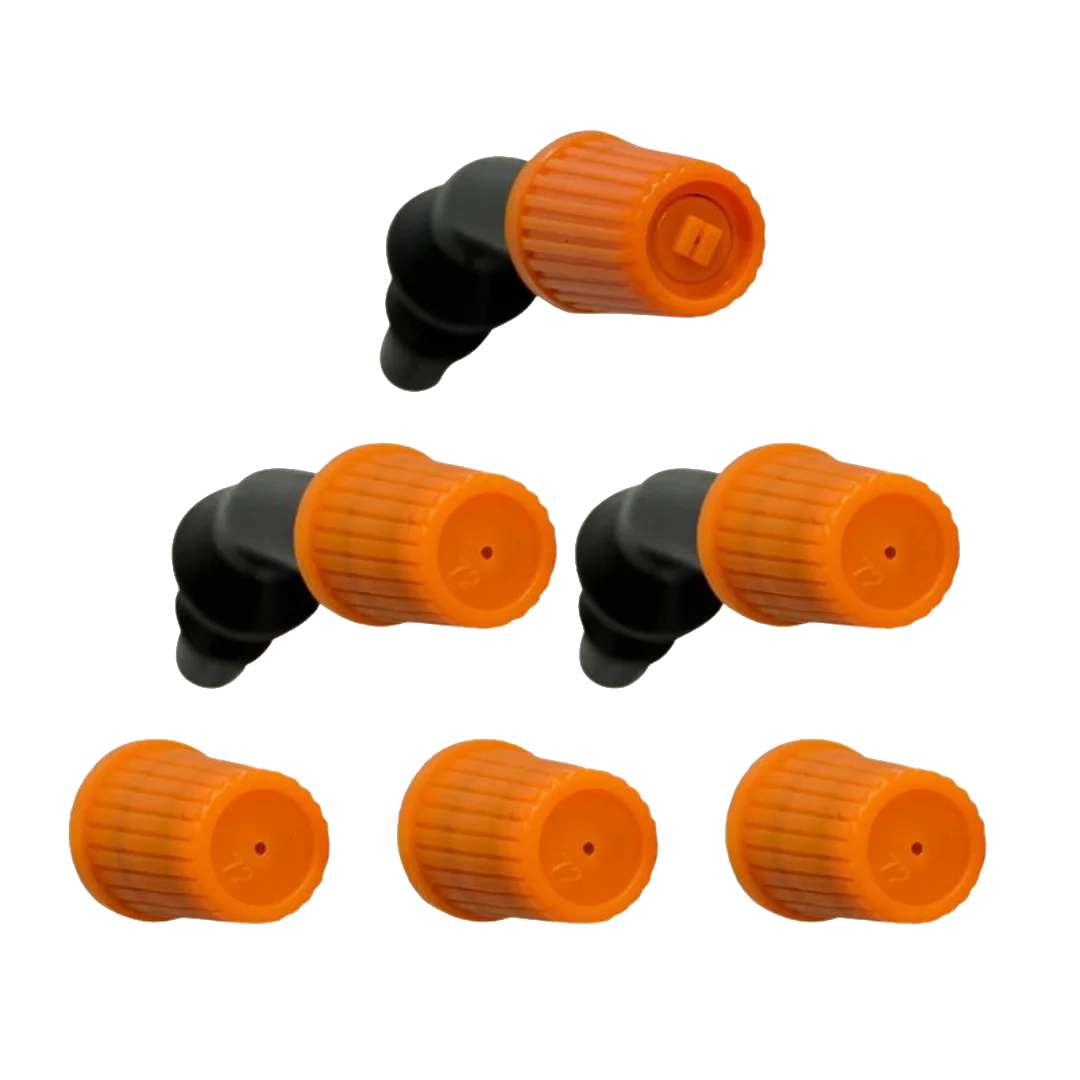 A set of six orange and black plastic spray nozzles against a white background.