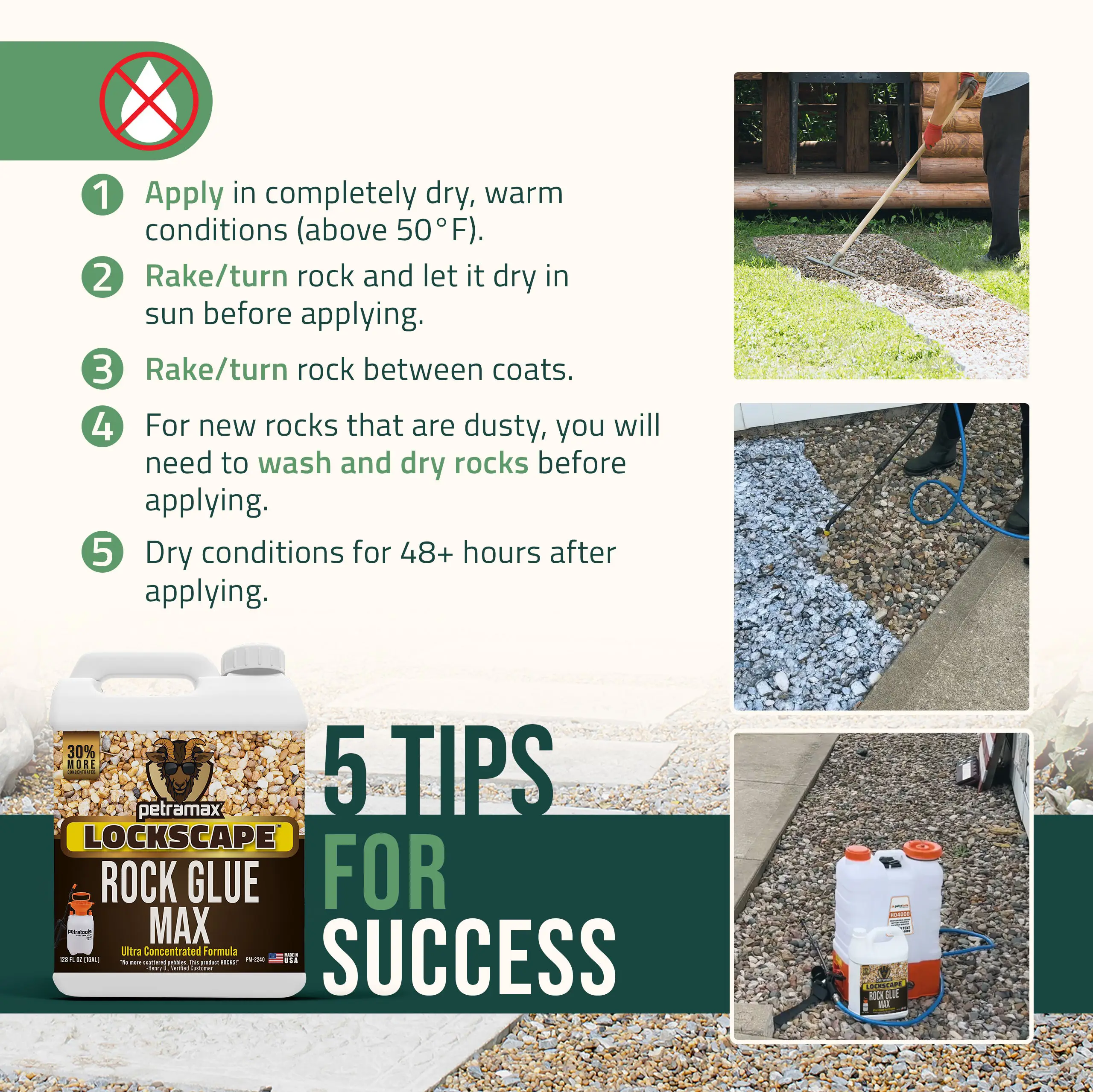 An advertisement for Petramax Lockscape Rock Glue Max, showing 5 tips for successful application with instructional photos.