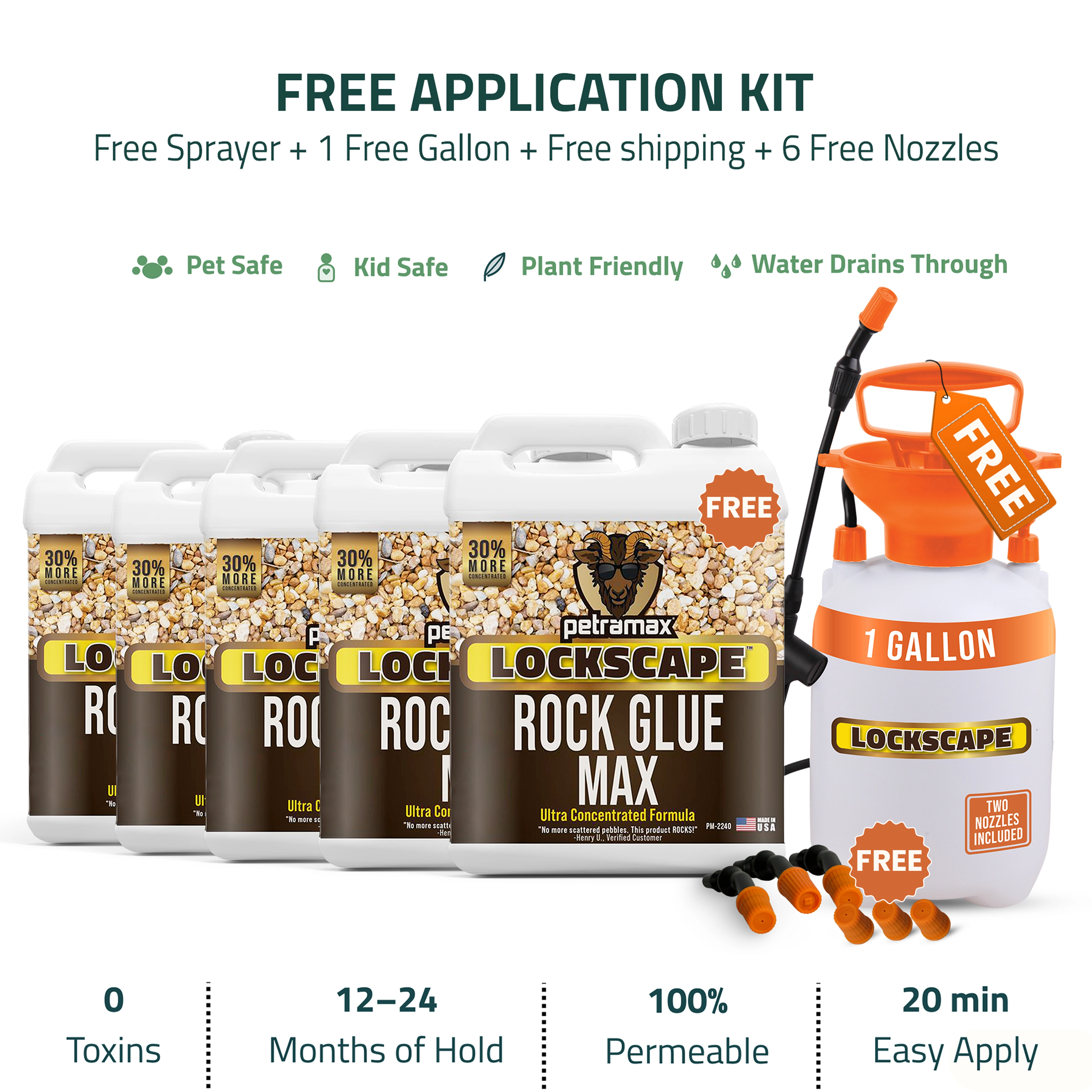 An advertisement for Lockscape Rock Glue Max, featuring several jugs, a sprayer, and nozzles as a free kit.