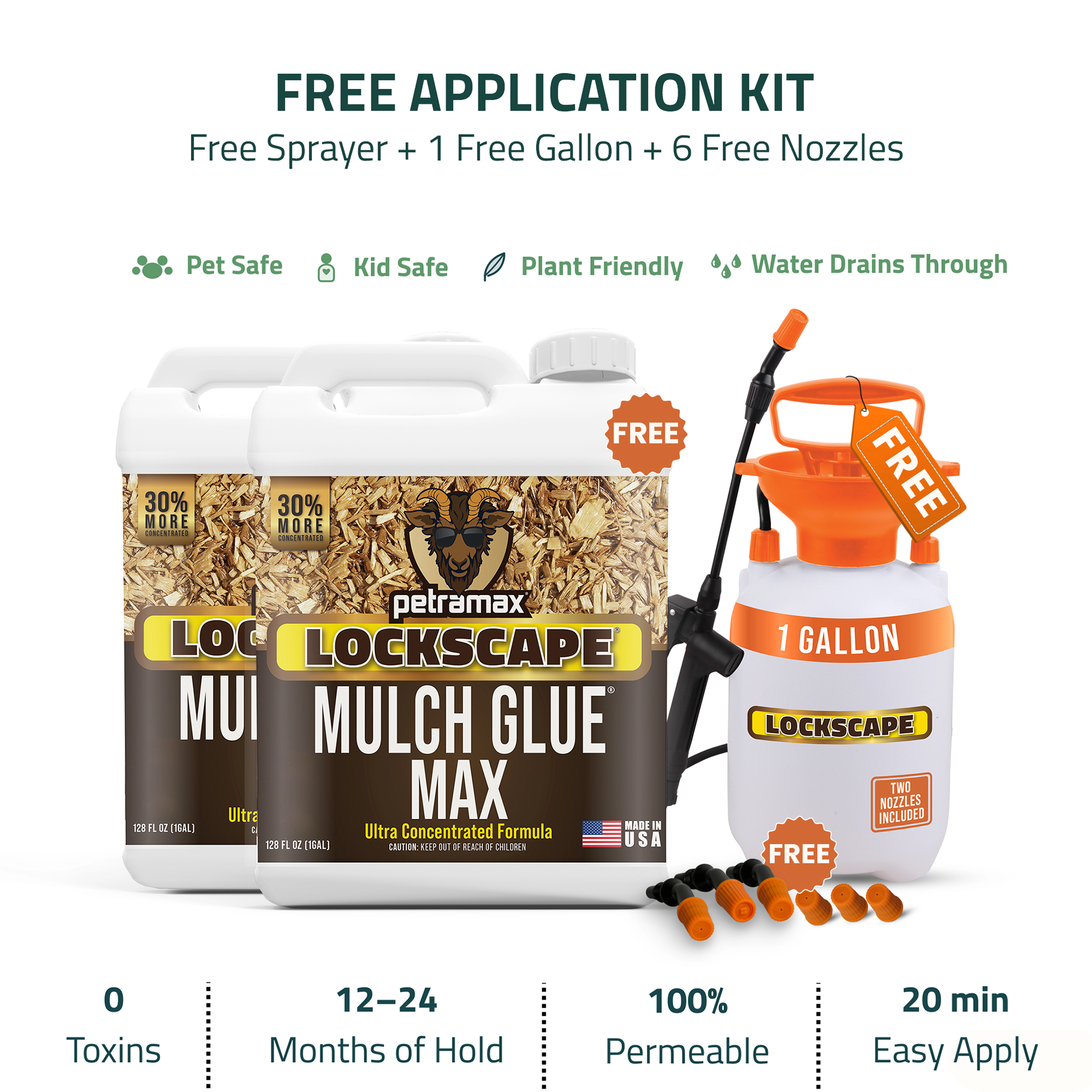 Two jugs of Lockscape Mulch Glue Max next to a free one-gallon sprayer and six nozzles.