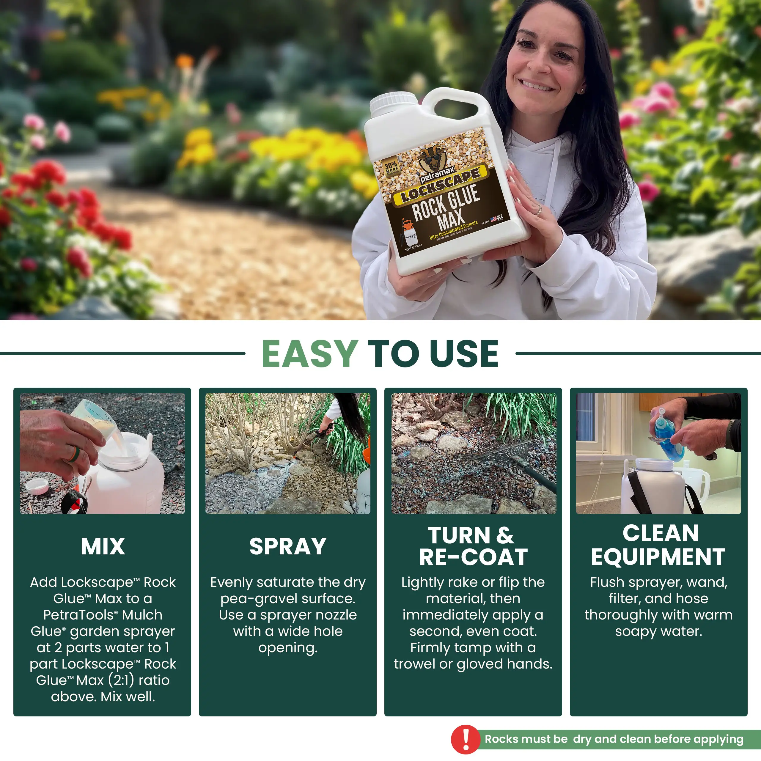 An informational graphic for Lockscape Rock Glue showing a woman holding the product and four steps for use.