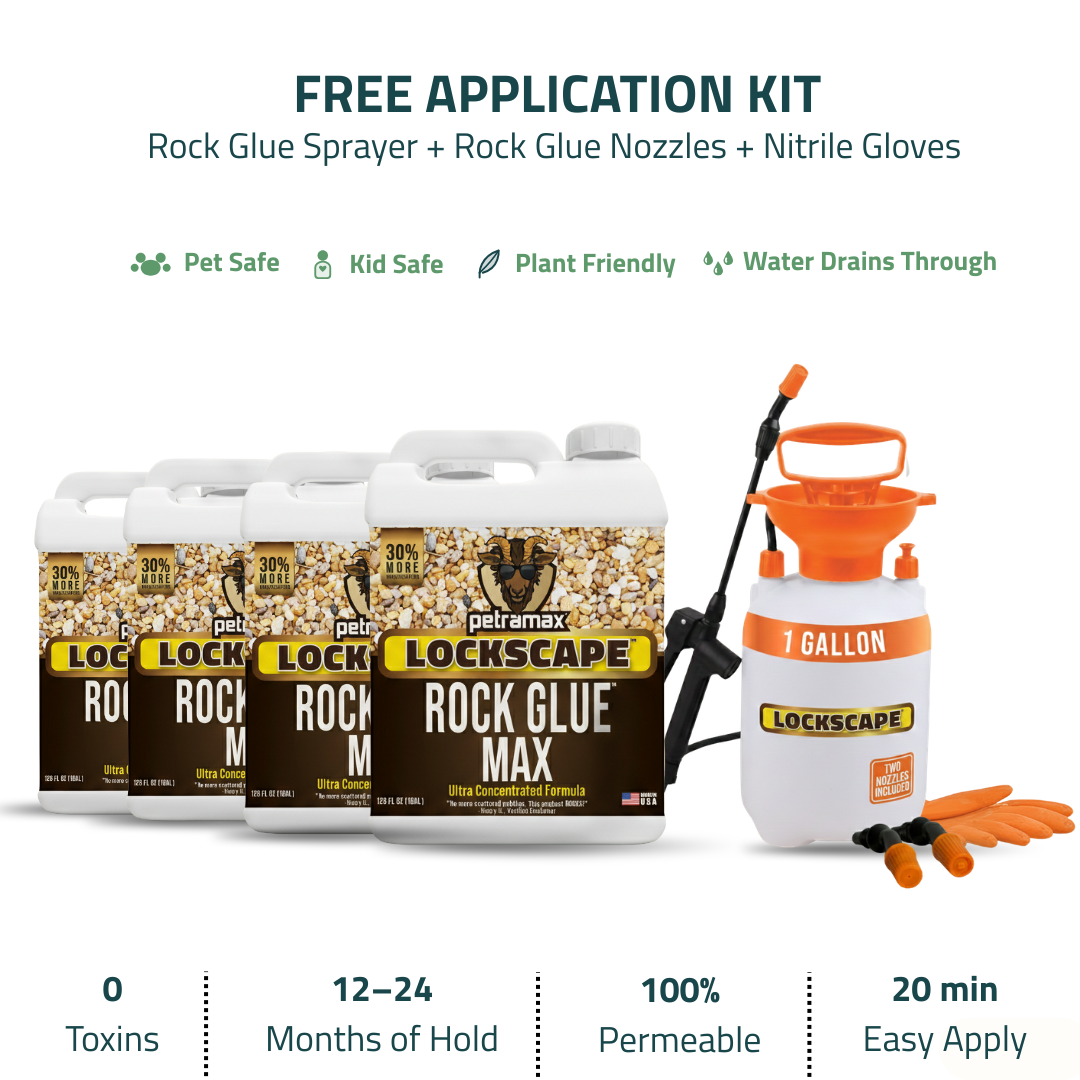 Four jugs of Lockscape Rock Glue Max with a free application kit including a sprayer and gloves.