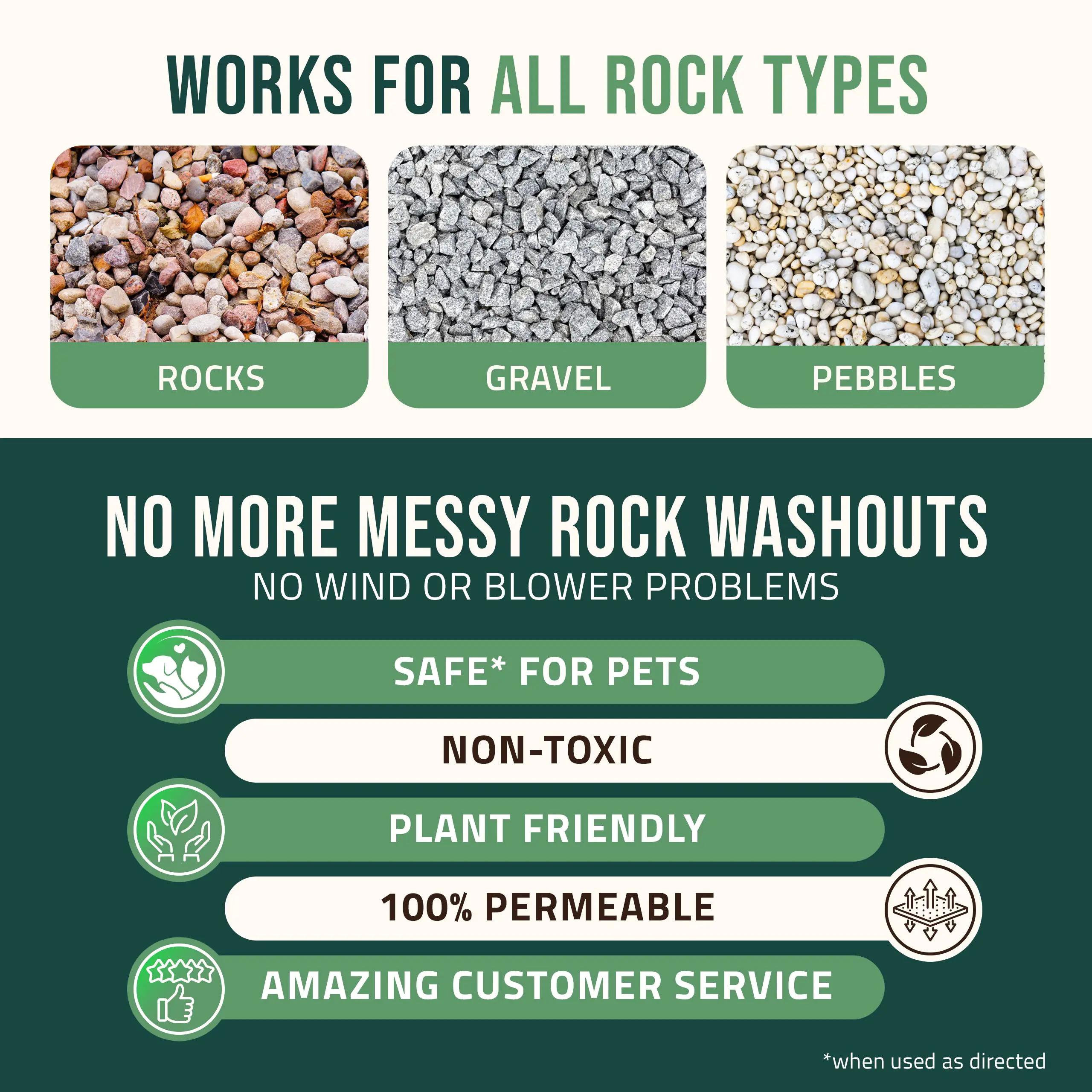 An advertisement showing different rock types and listing product features like being pet safe and plant friendly.