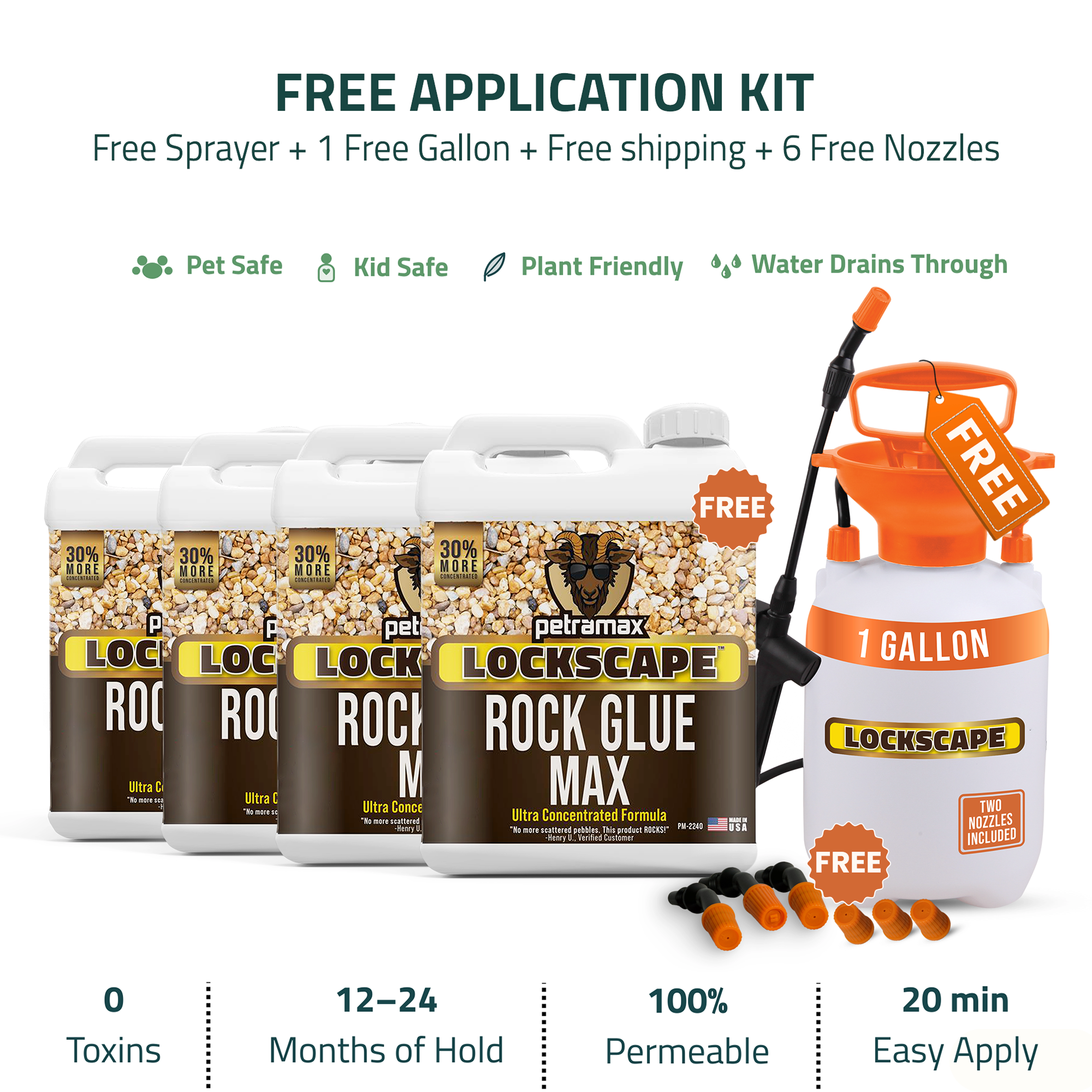 A promotional image for a Lockscape Rock Glue Max kit, including jugs of the product and a free sprayer.