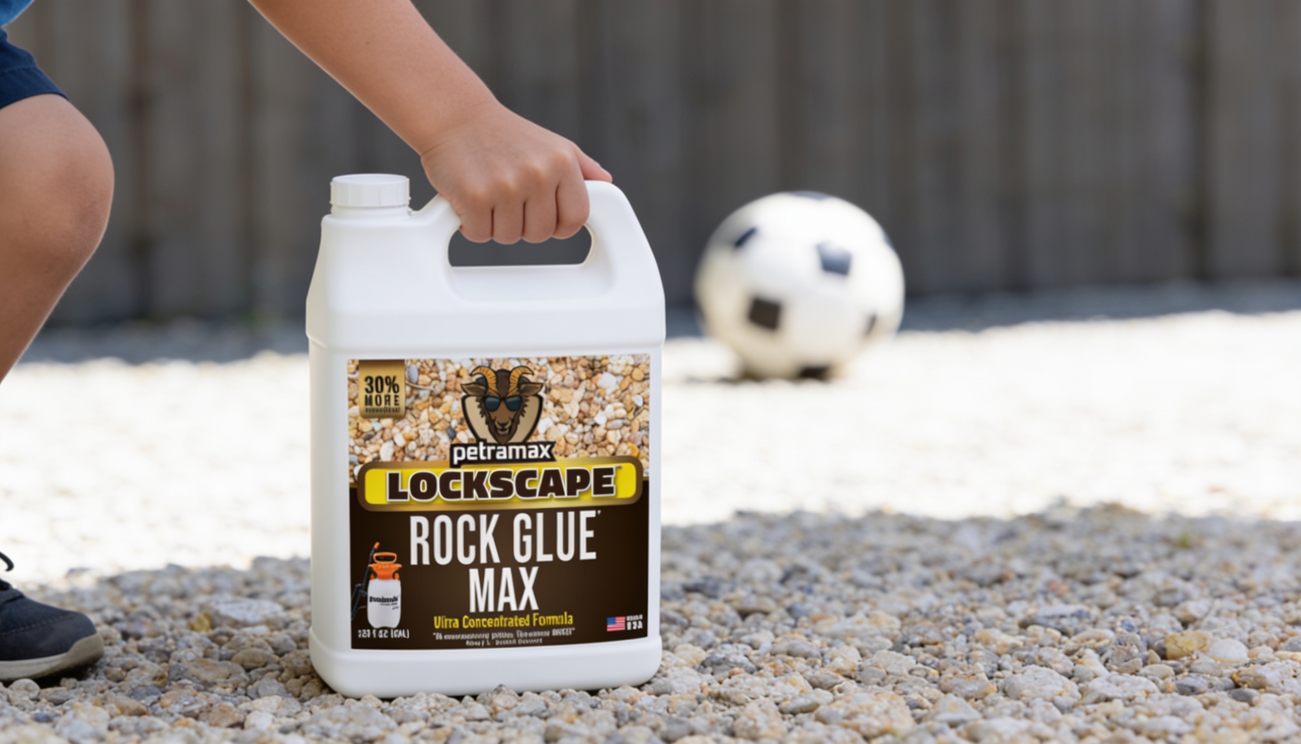 A person holds a large white jug of Petramax Rock Glue on a gravel surface with a soccer ball nearby.