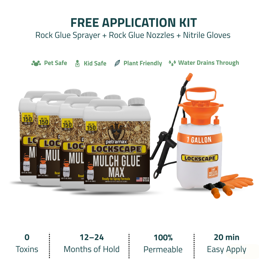 A kit of four jugs of Petramax Lockscape Mulch Glue, a sprayer, nozzles, and gloves.
