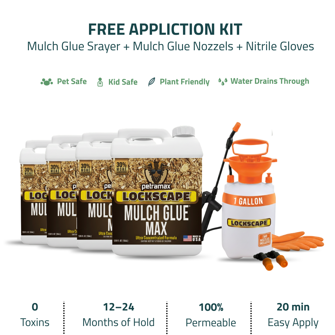 An ad for Lockscape Mulch Glue shows jugs of the product with a sprayer and gloves.