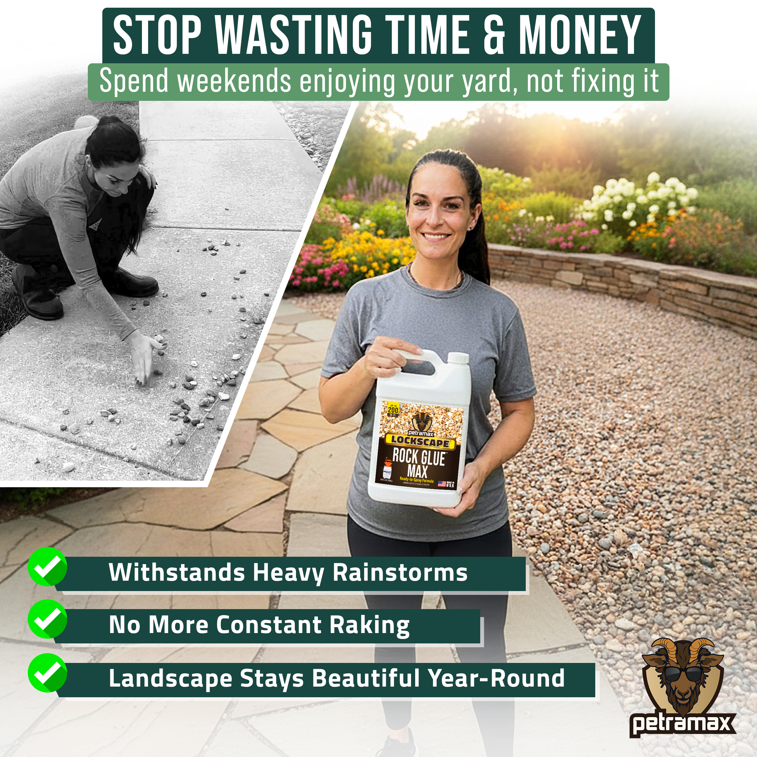 An advertisement for Lockscape Rock Glue featuring a woman holding the product in a landscaped yard.