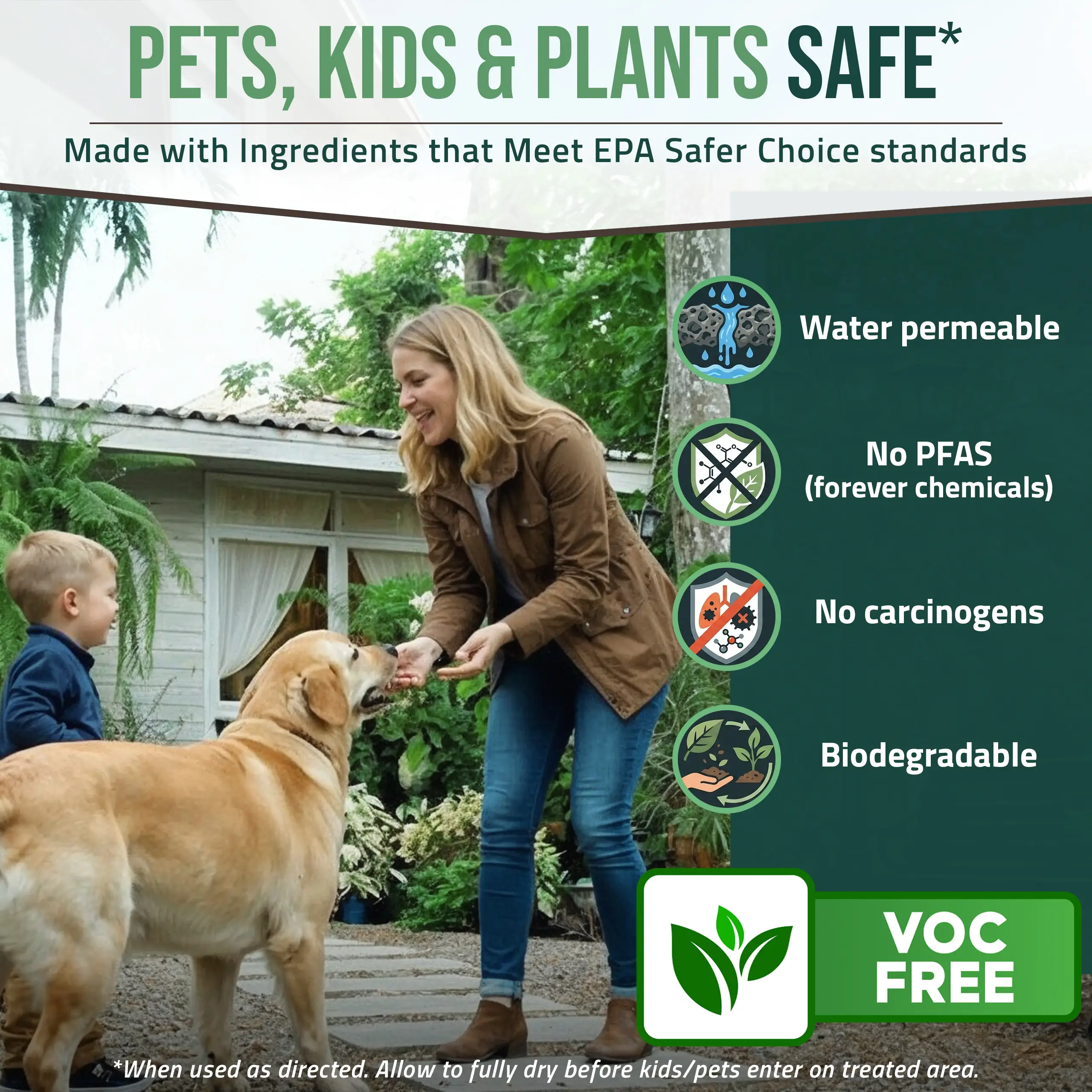 A woman and child interact with a dog in a garden next to a list of product safety features.