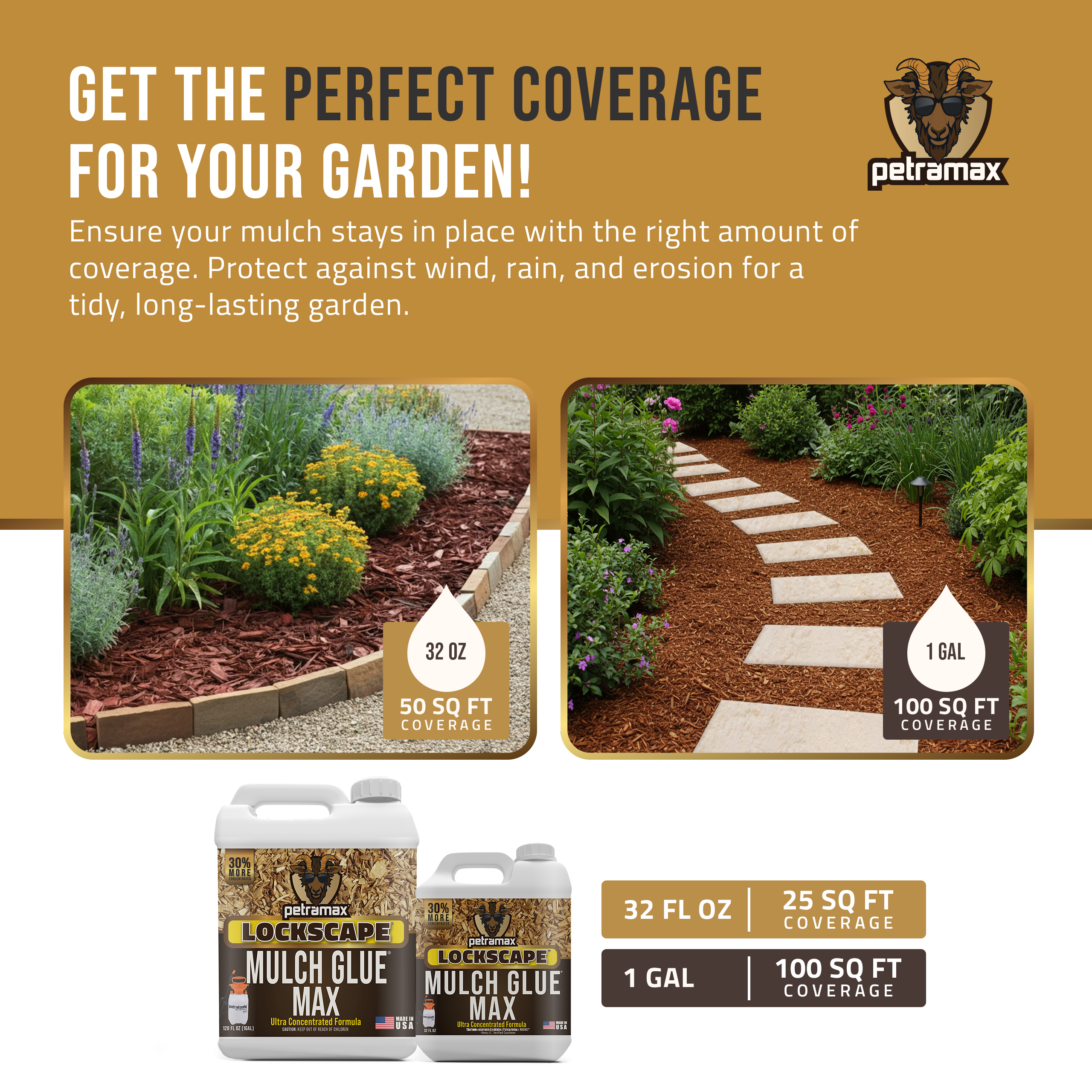 An advertisement for Petramax mulch glue, showing two examples of tidy gardens and two sizes of product.