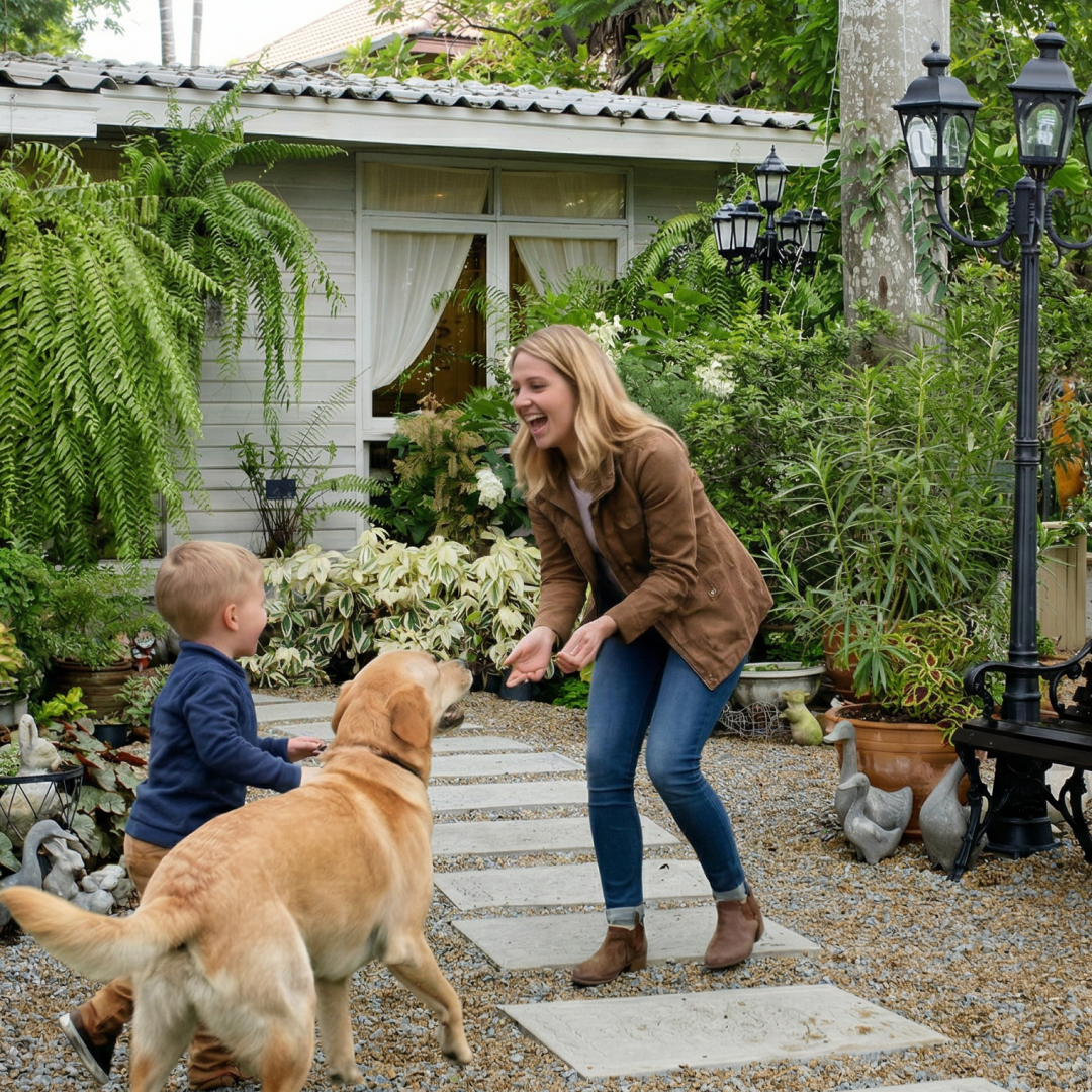 A woman and a young boy play with a golden retriever in a lush garden.