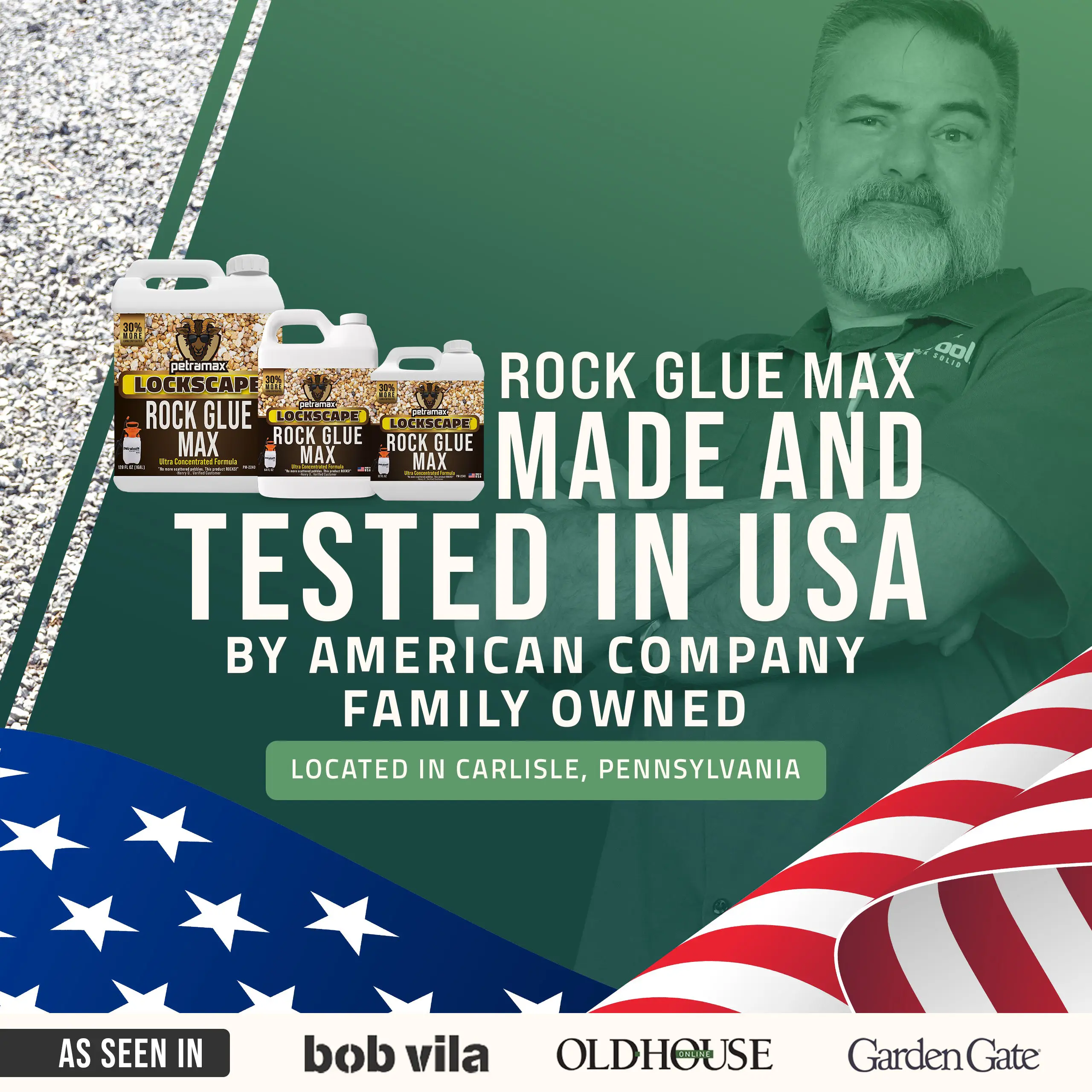An advertisement for Lockscape Rock Glue Max featuring a man, product bottles, and an American flag.