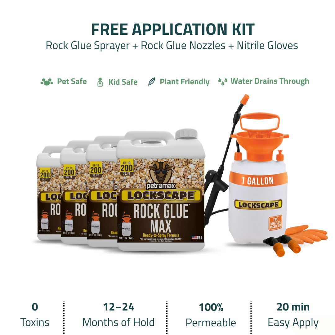 A kit of Petramax Lockscape Rock Glue Max with four jugs, a sprayer, nozzles, and gloves.