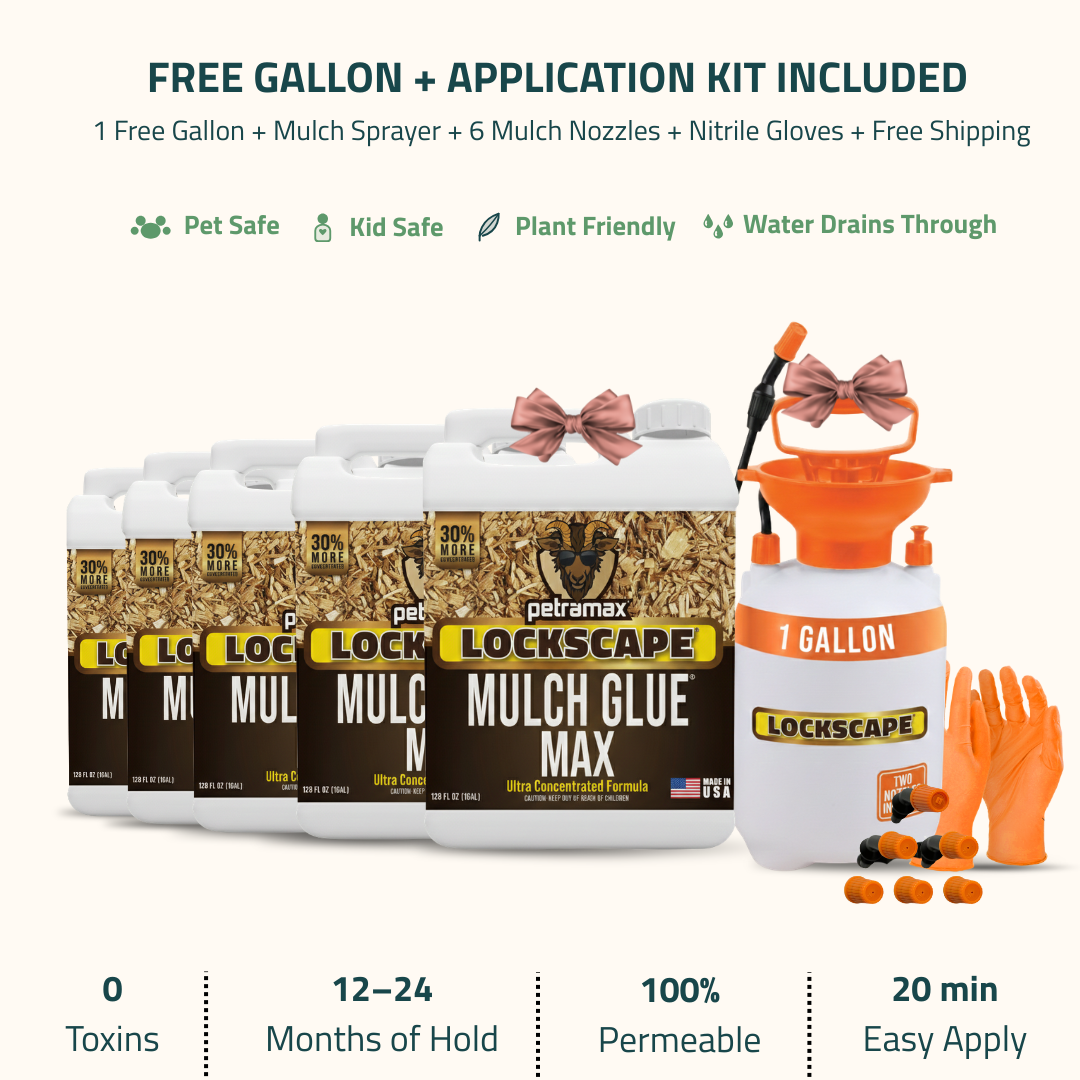 A product bundle of Petramax Lockscape Mulch Glue with a sprayer, nozzles, and gloves.