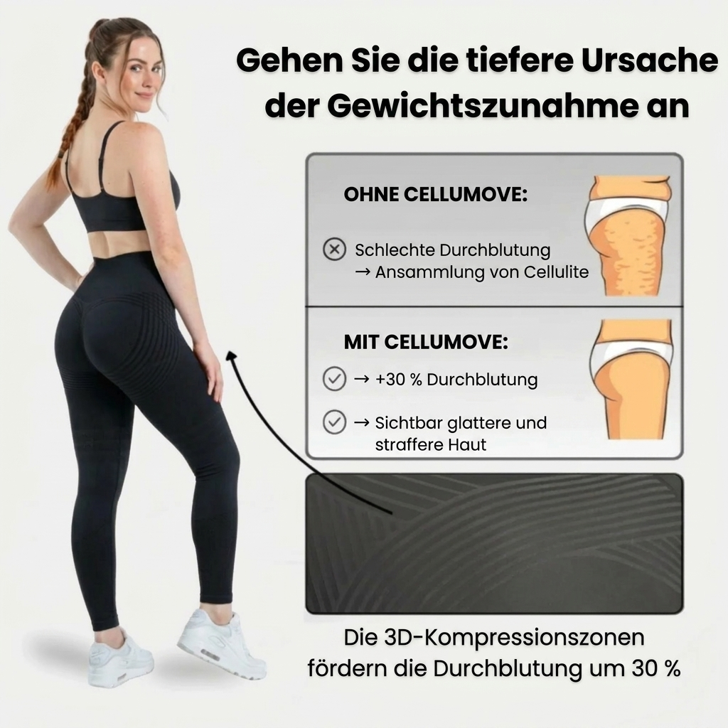 An ad in German shows a woman in leggings next to a diagram of their effect on cellulite.