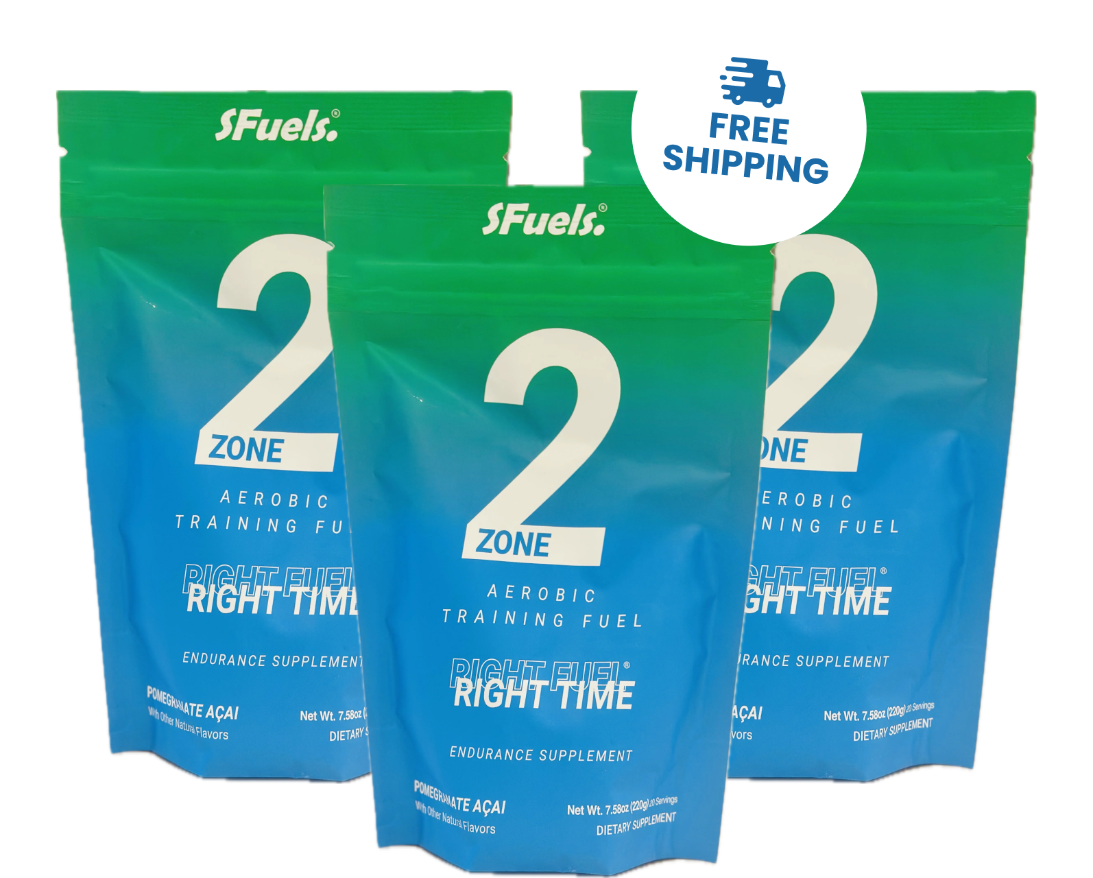 Three blue and green supplement bags with 'Free Shipping' label.