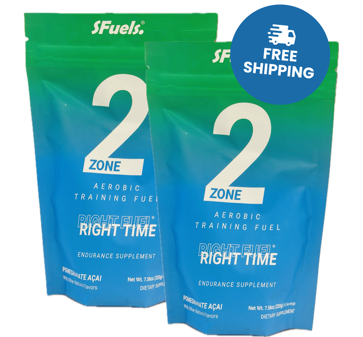 Two blue and green supplement bags with 'Free Shipping' label.