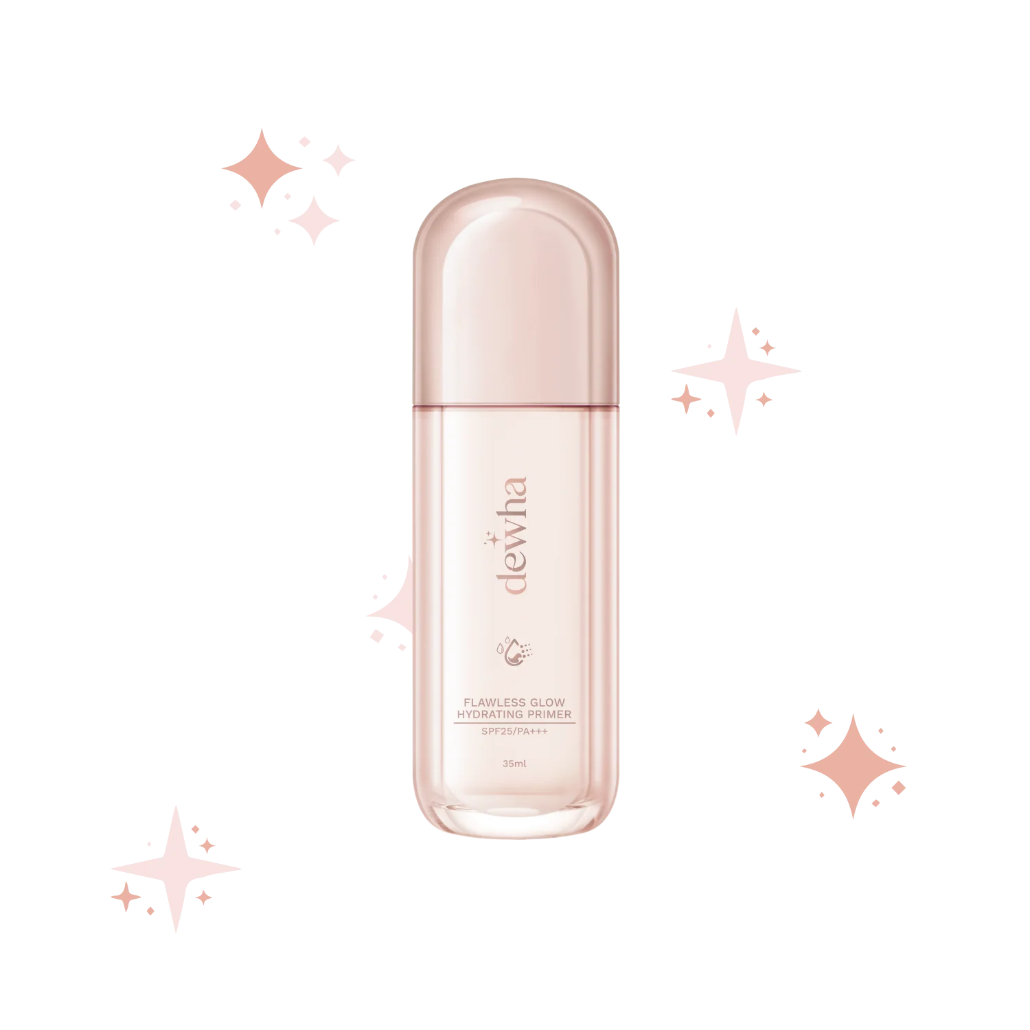 A bottle of Dewha Flawless Glow Hydrating Primer with decorative sparkles.