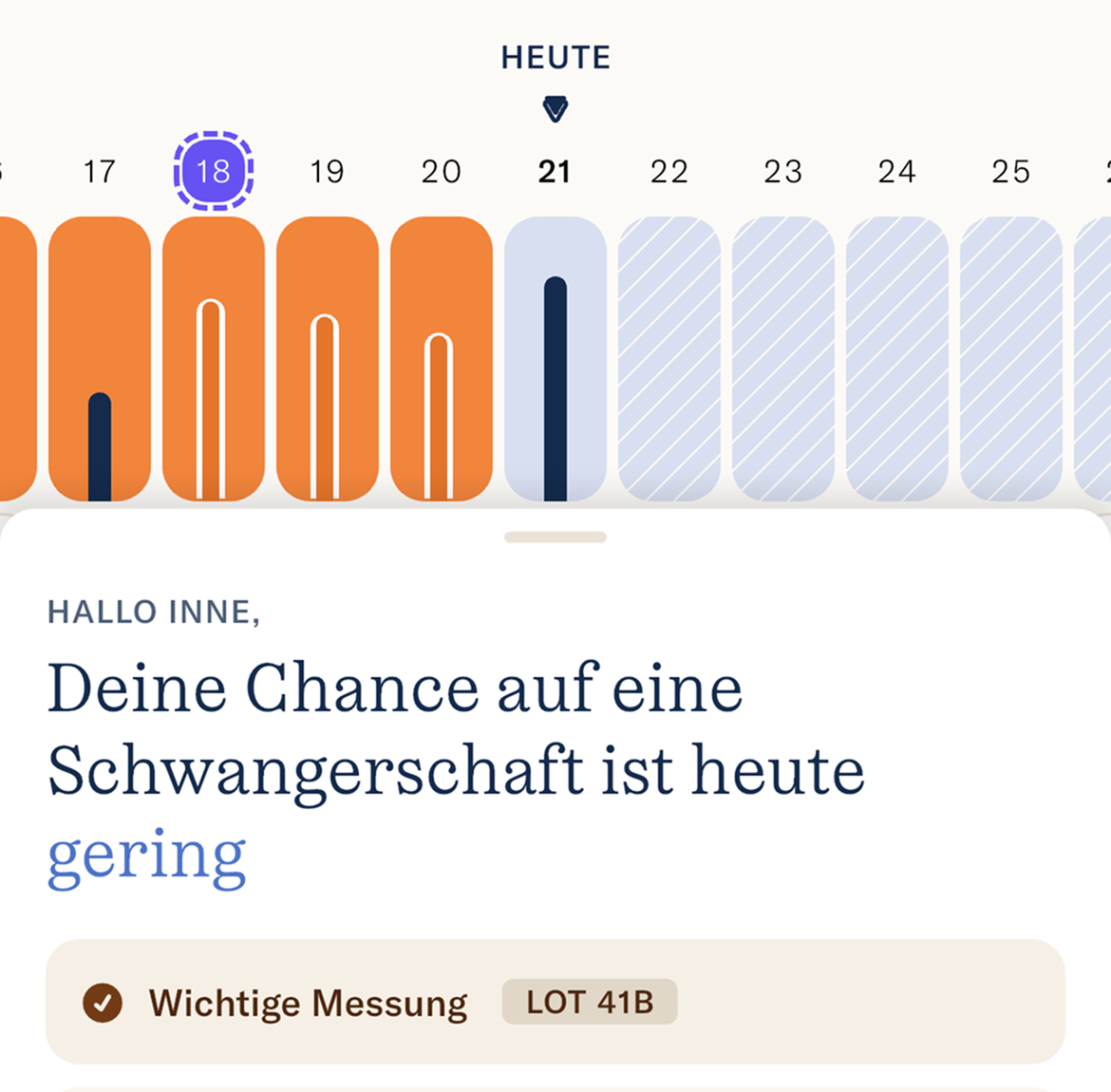 Calendar with highlighted date and text about pregnancy chance in German.