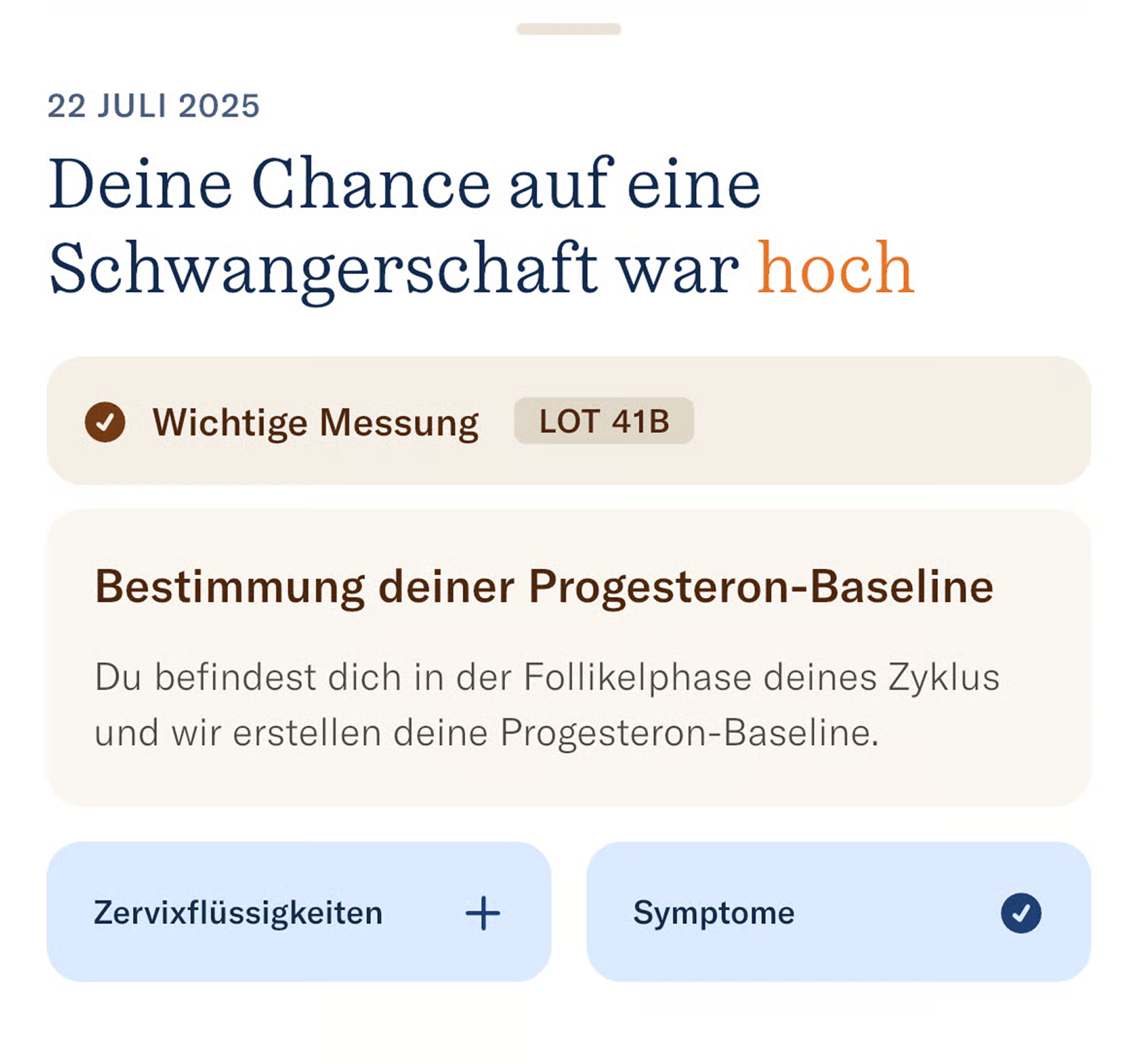 German text about fertility, dated July 22, 2025, with sections on progesterone and symptoms.