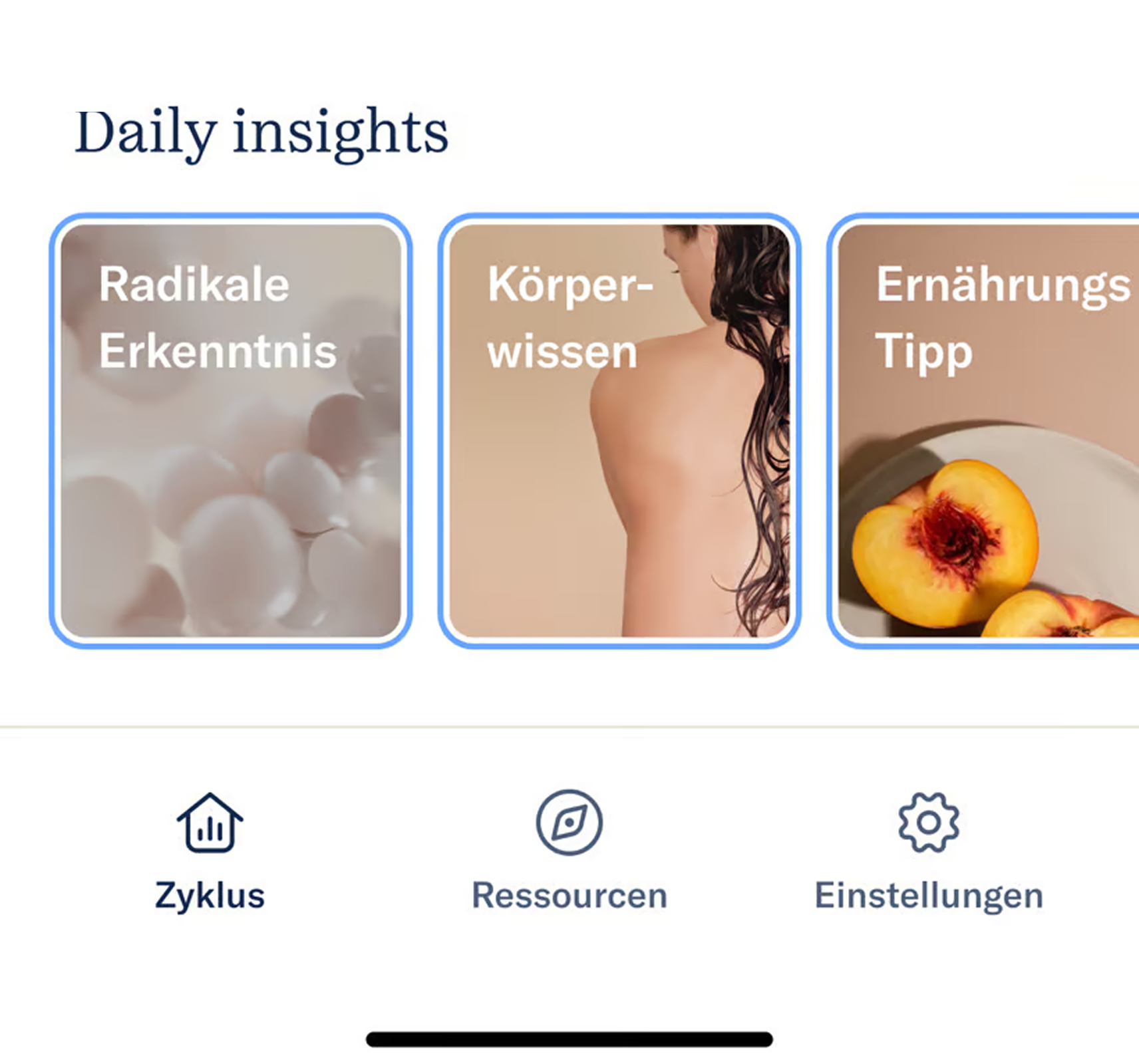 Three panels showing abstract shapes, a woman's back, and peaches.