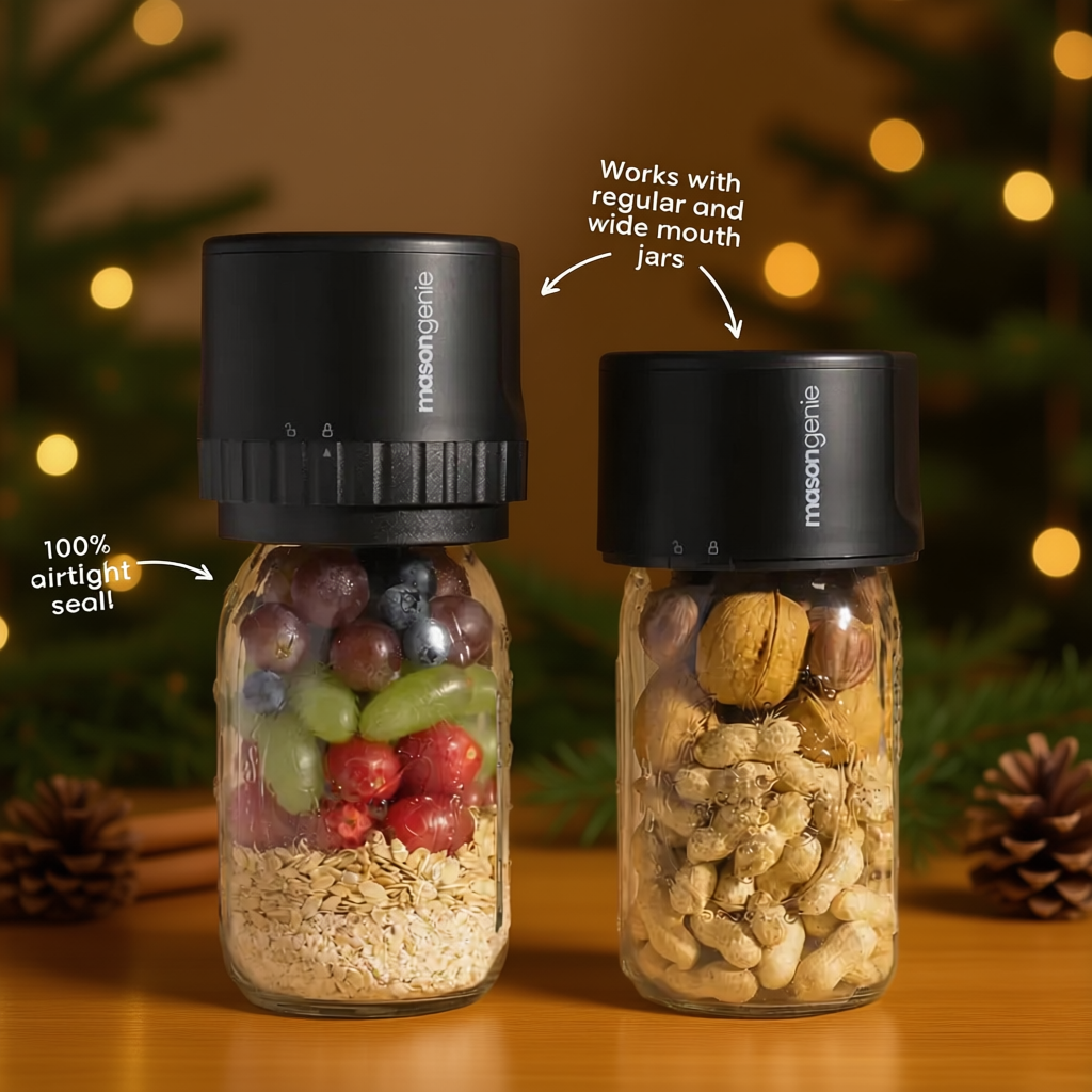 Two jars with black lids containing assorted grains and nuts, festive background with lights.
