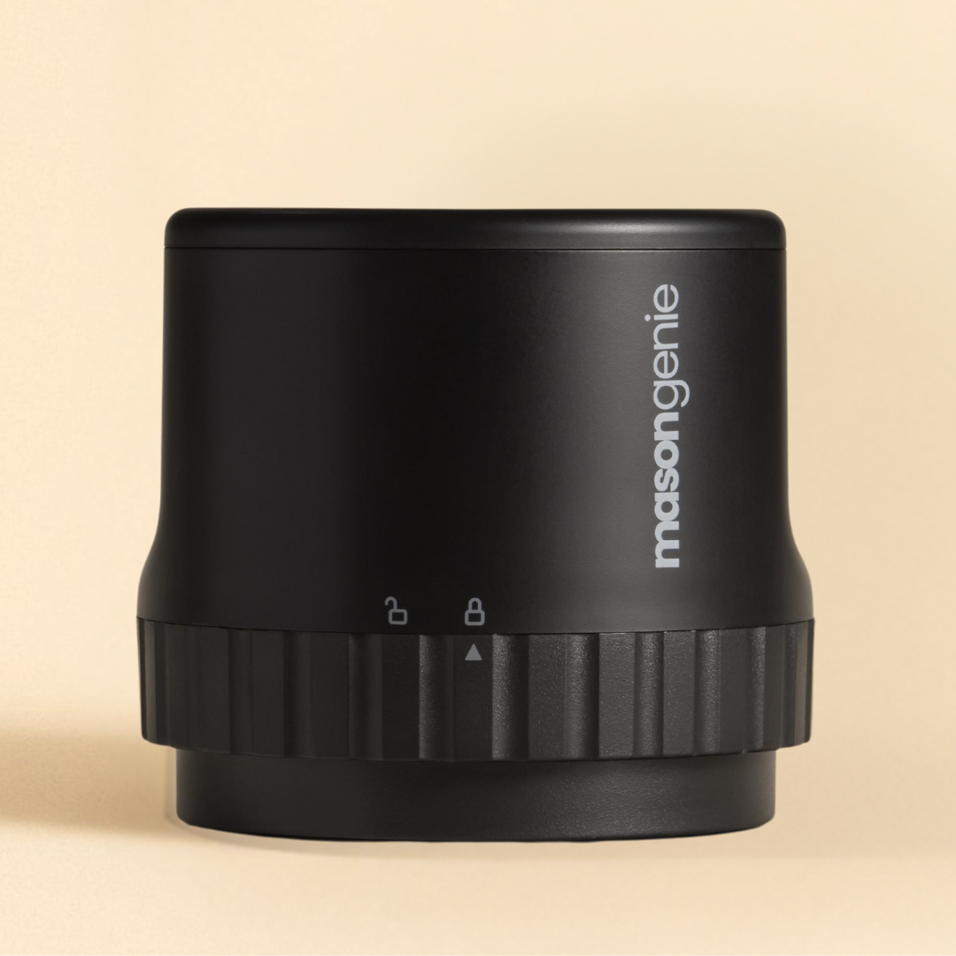 Black cylindrical device with 'masongenie' logo on a beige background.