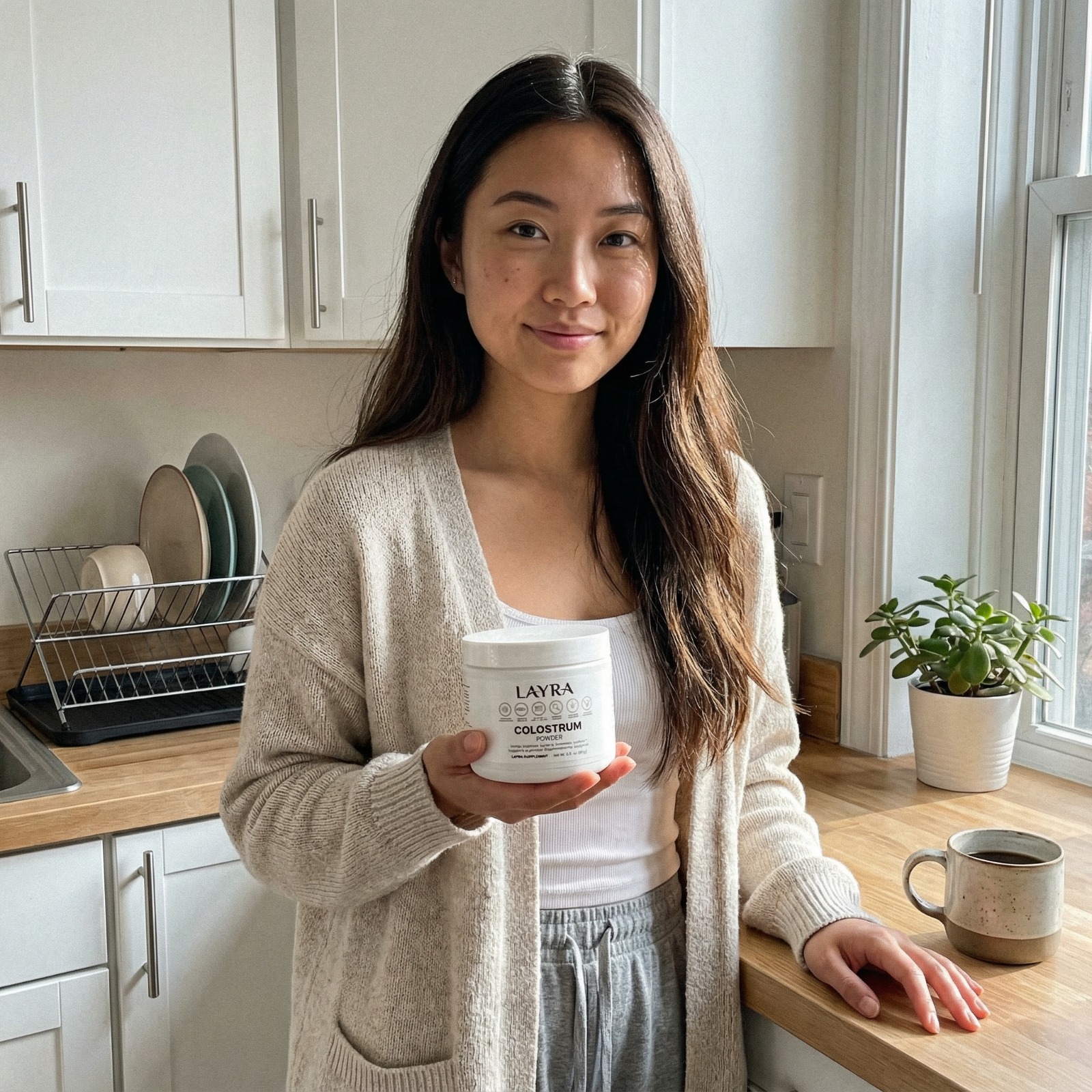 A woman in a kitchen holds a white tub of Layra Colostrum Powder while smiling at the camera.