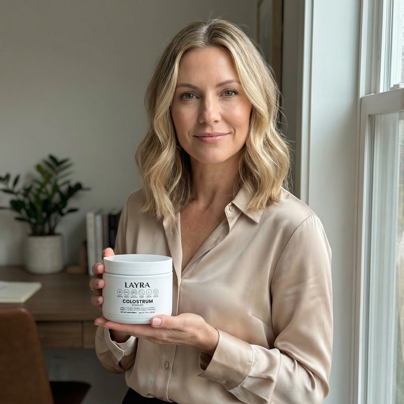 A woman in a beige shirt holds a white jar of Layra Colostrum Powder in an office setting.