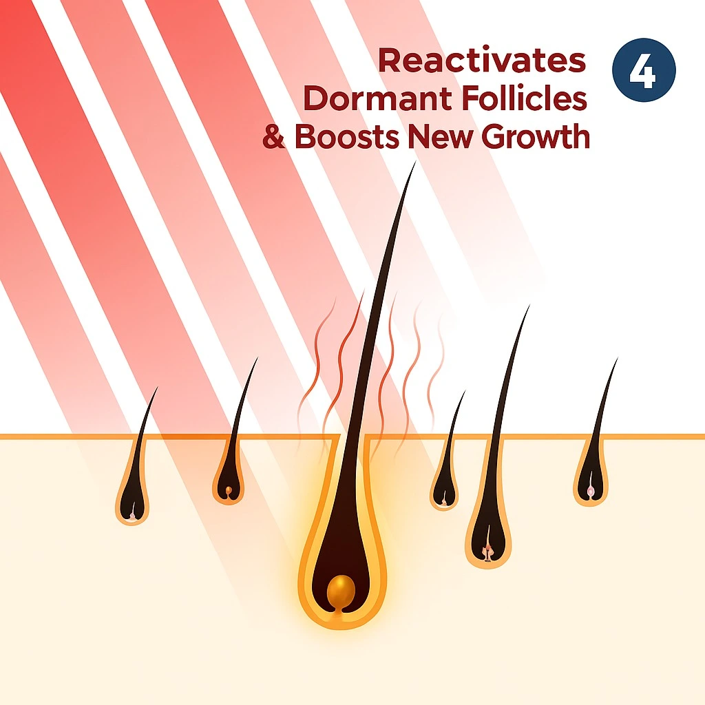 Diagram of hair follicles with text about reactivation and growth.