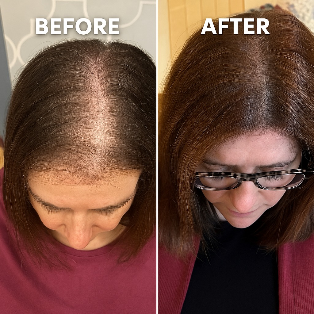 Side-by-side before and after images of a woman's hair.