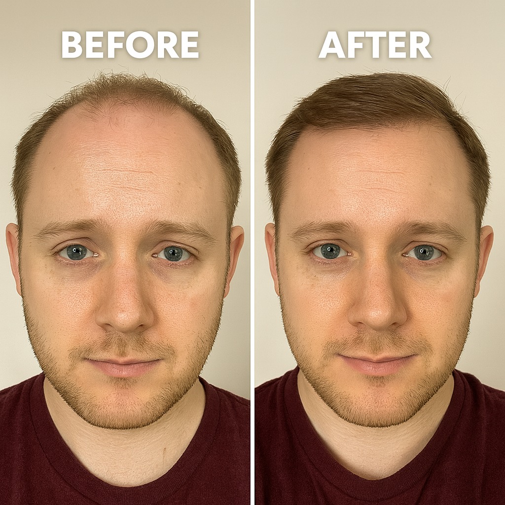 Comparison of a person's hair before and after a change.